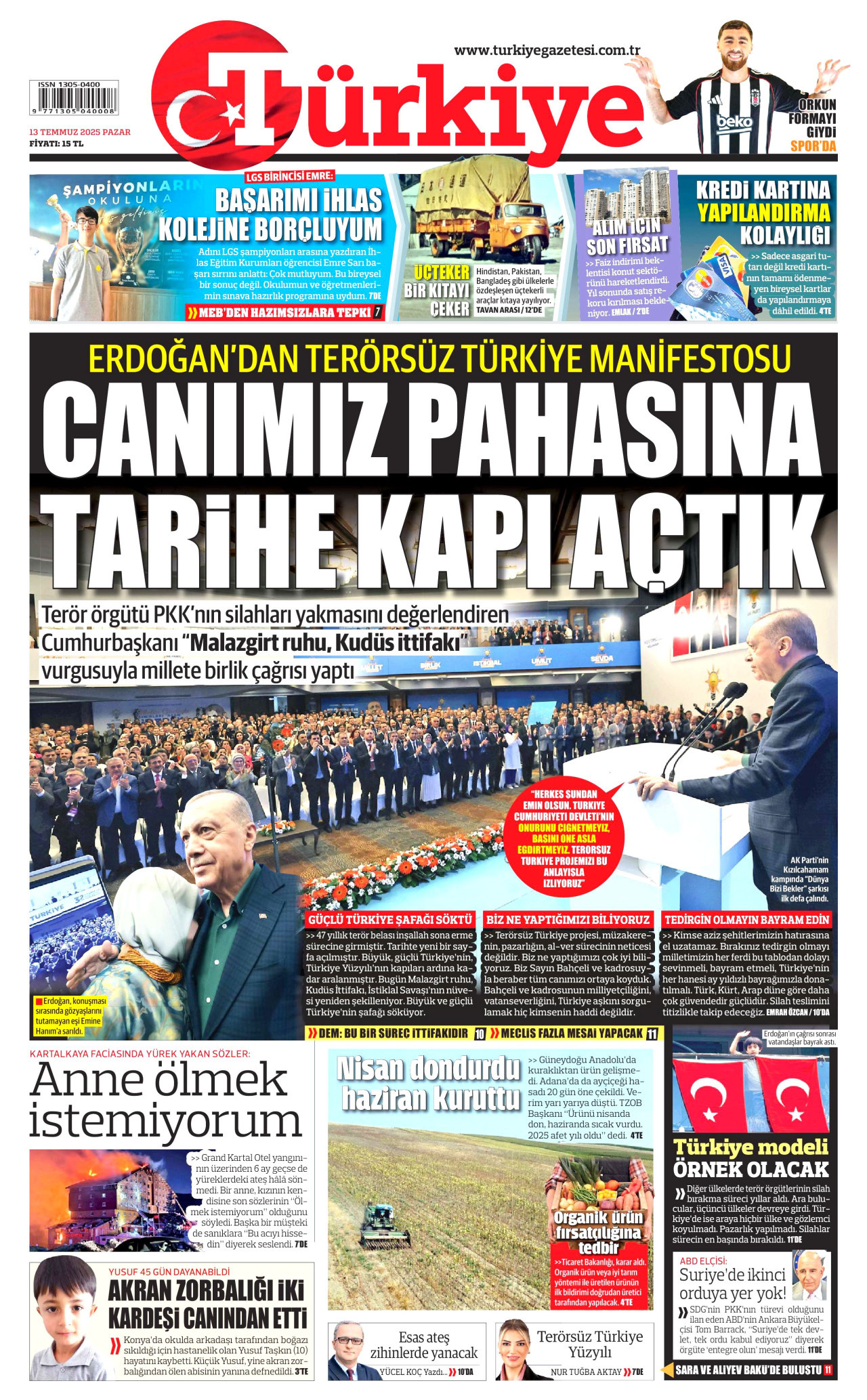 TÜRKİYE GAZETESİ gazetesinin 13 Temmuz 2025 tarihli birinci sayfası