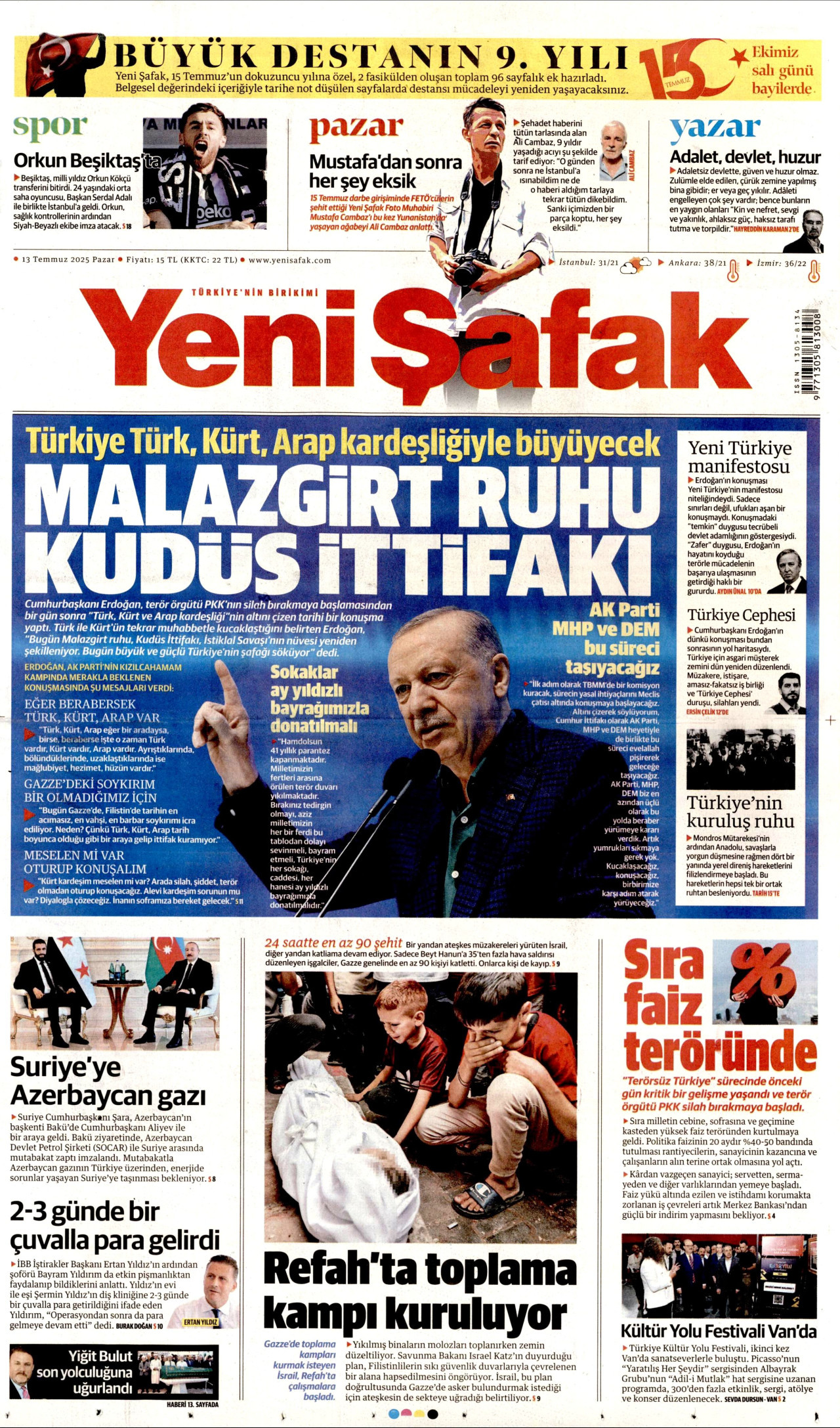 YENİ ŞAFAK gazetesinin 13 Temmuz 2025 tarihli birinci sayfası