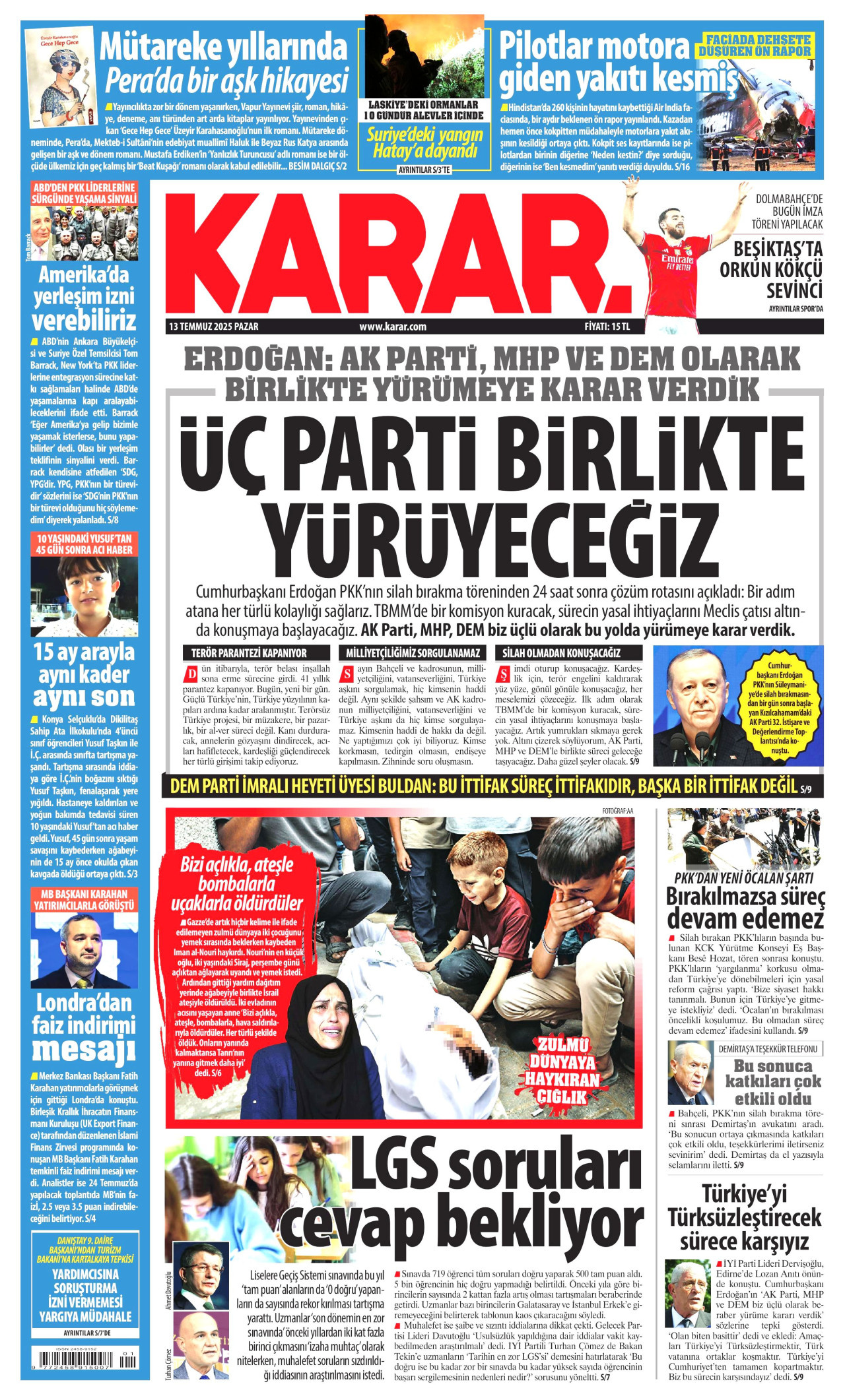 KARAR gazetesinin 13 Temmuz 2025 tarihli birinci sayfası