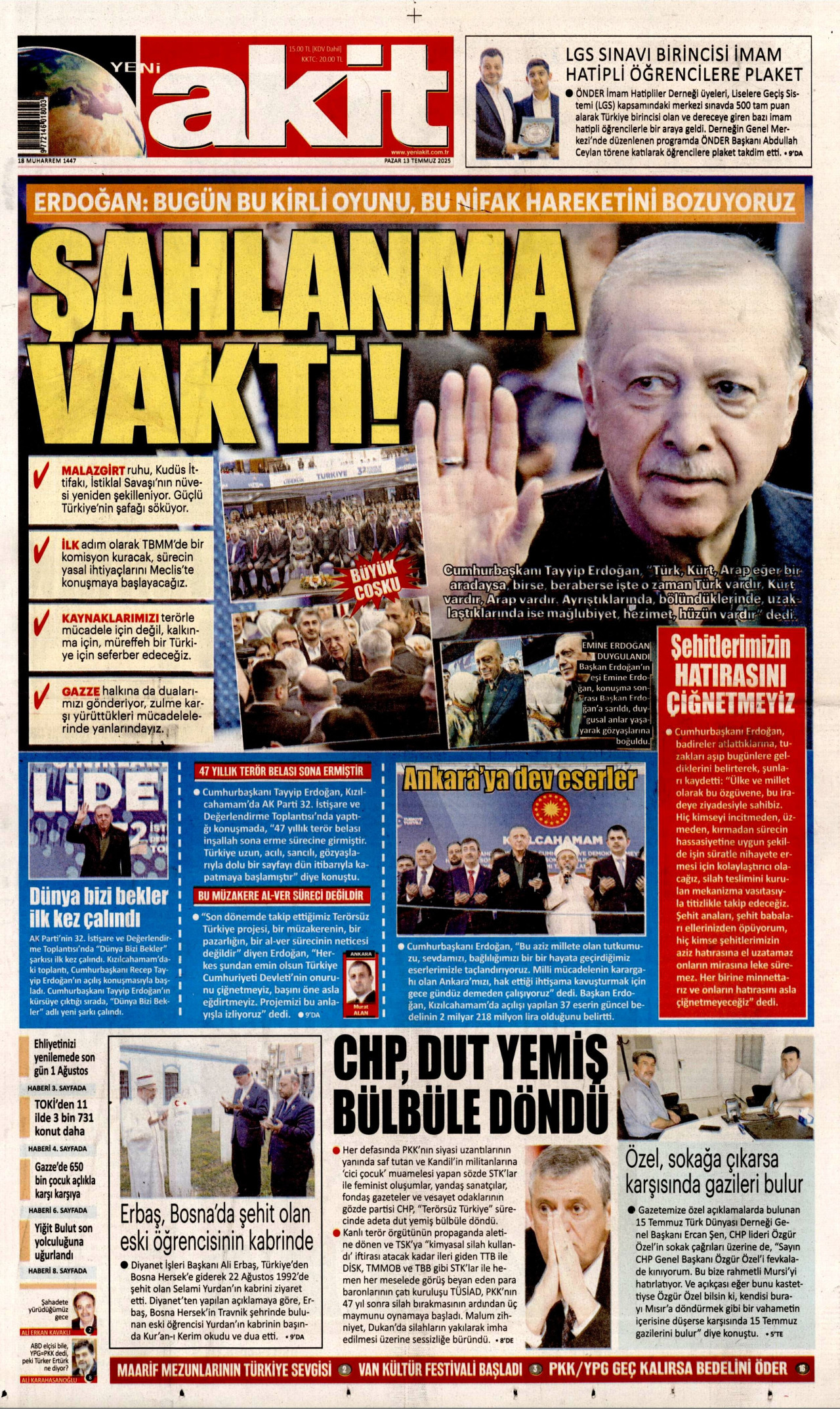 YENİ AKİT gazetesinin 13 Temmuz 2025 tarihli birinci sayfası