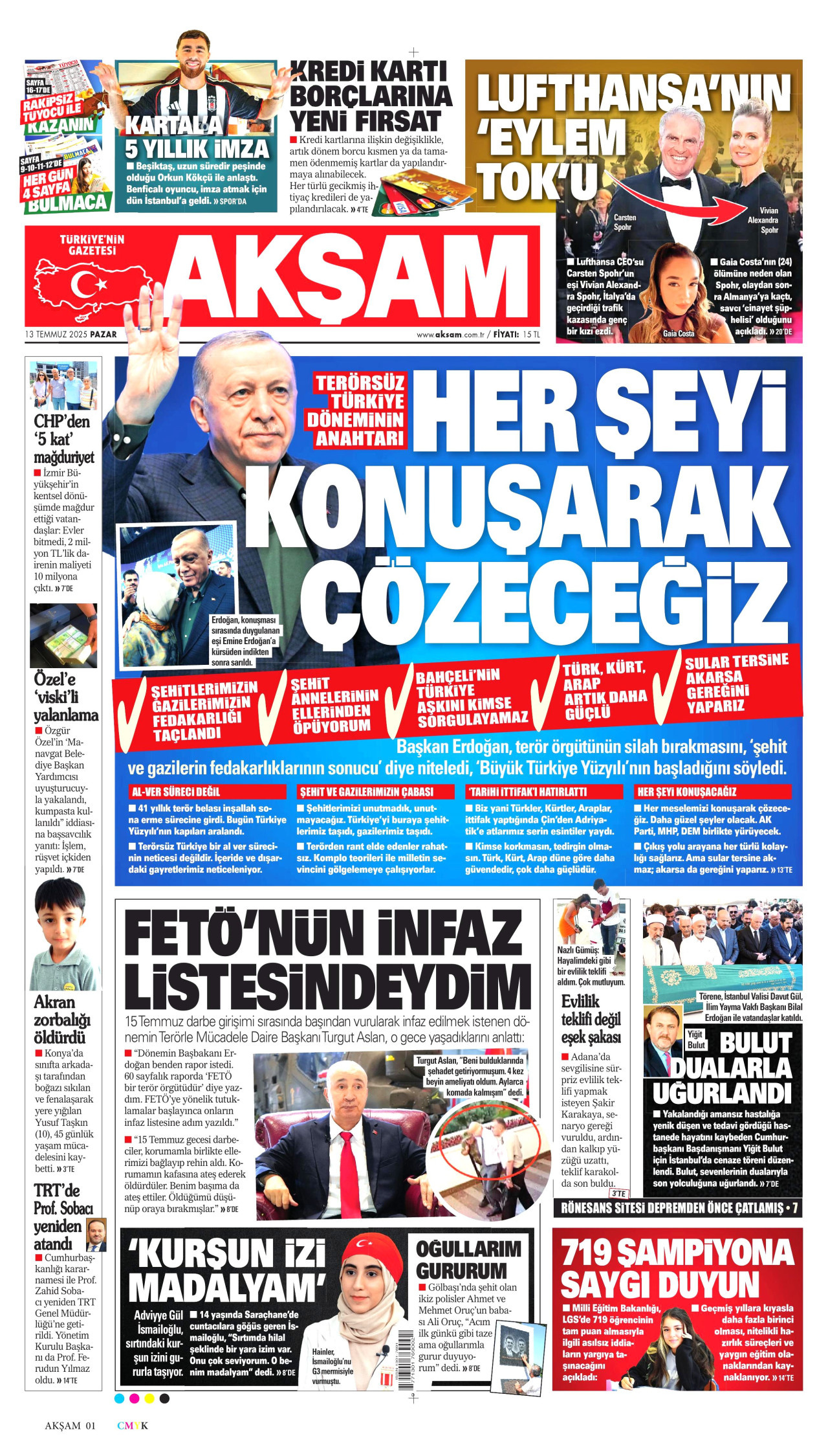 AKŞAM gazetesinin 13 Temmuz 2025 tarihli birinci sayfası