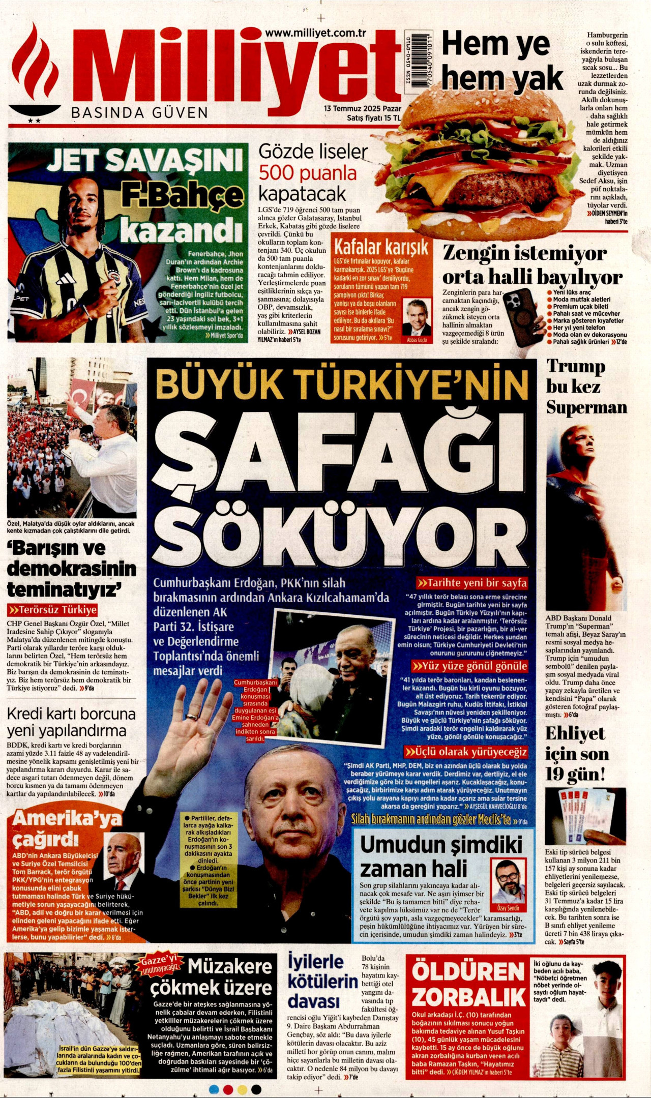 MİLLİYET gazetesinin 13 Temmuz 2025 tarihli birinci sayfası