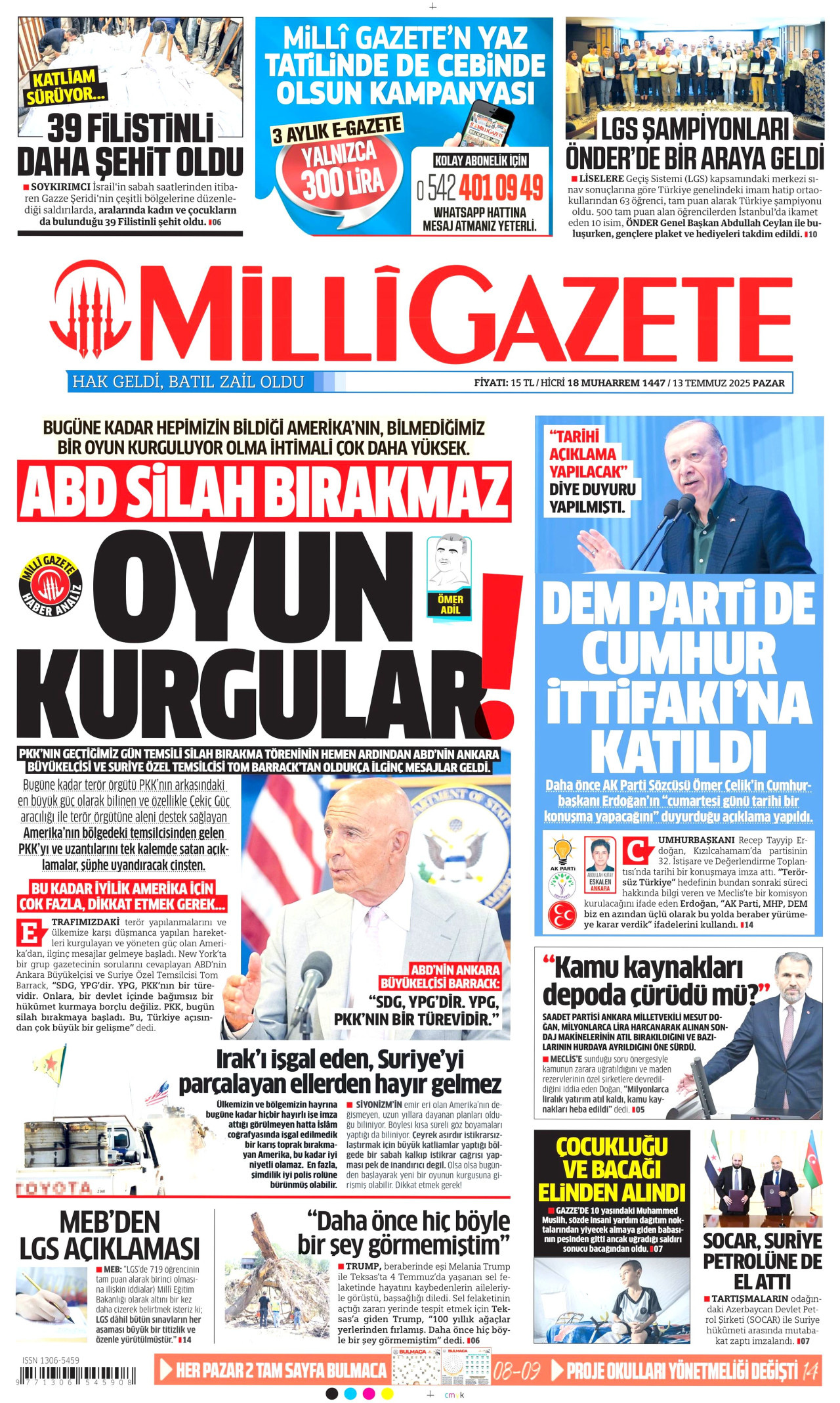 MİLLİ GAZETE gazetesinin 13 Temmuz 2025 tarihli birinci sayfası