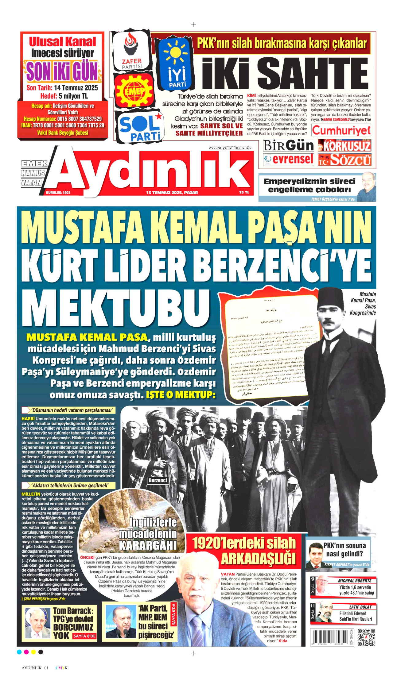 AYDINLIK GAZETESİ gazetesinin 13 Temmuz 2025 tarihli birinci sayfası