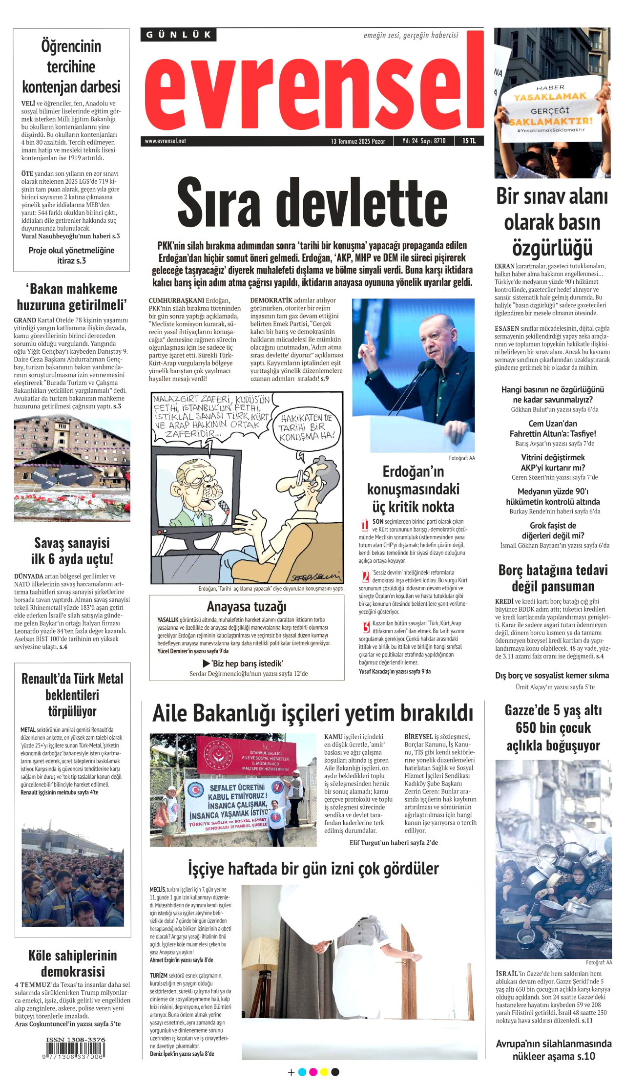 EVRENSEL gazetesinin 13 Temmuz 2025 tarihli birinci sayfası