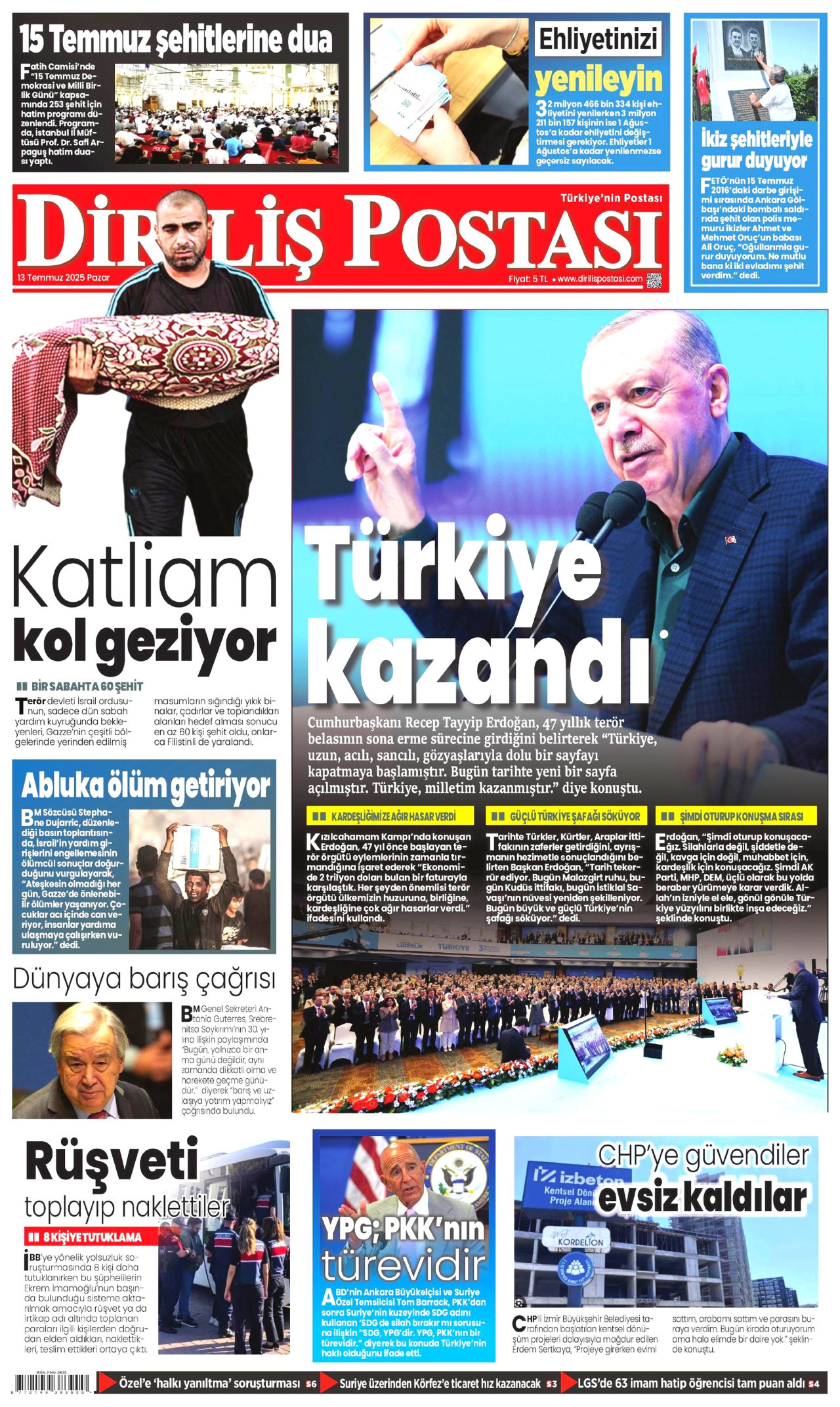 DİRİLİŞ POSTASI gazetesinin 13 Temmuz 2025 tarihli birinci sayfası
