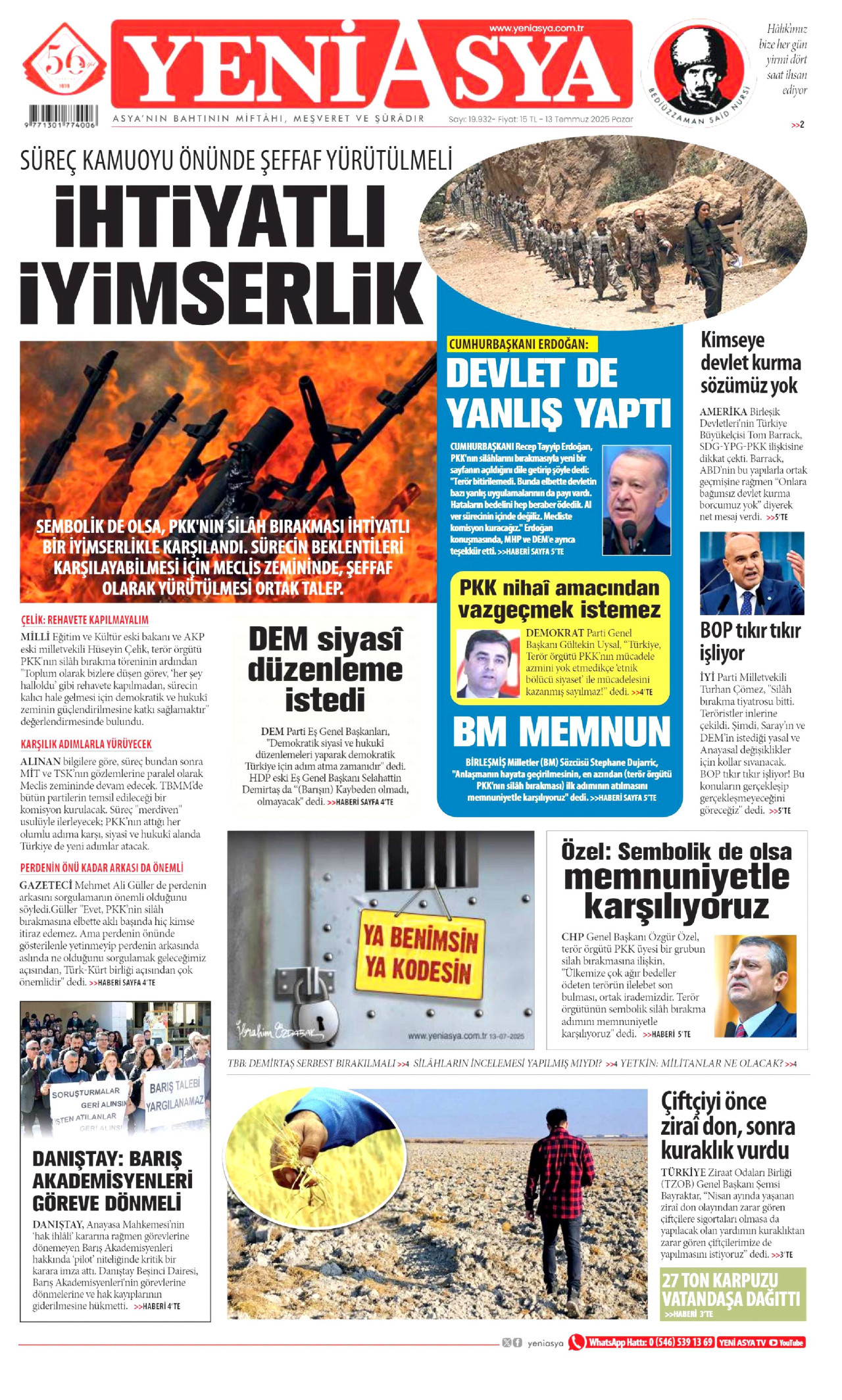 YENİ ASYA gazetesinin 13 Temmuz 2025 tarihli birinci sayfası