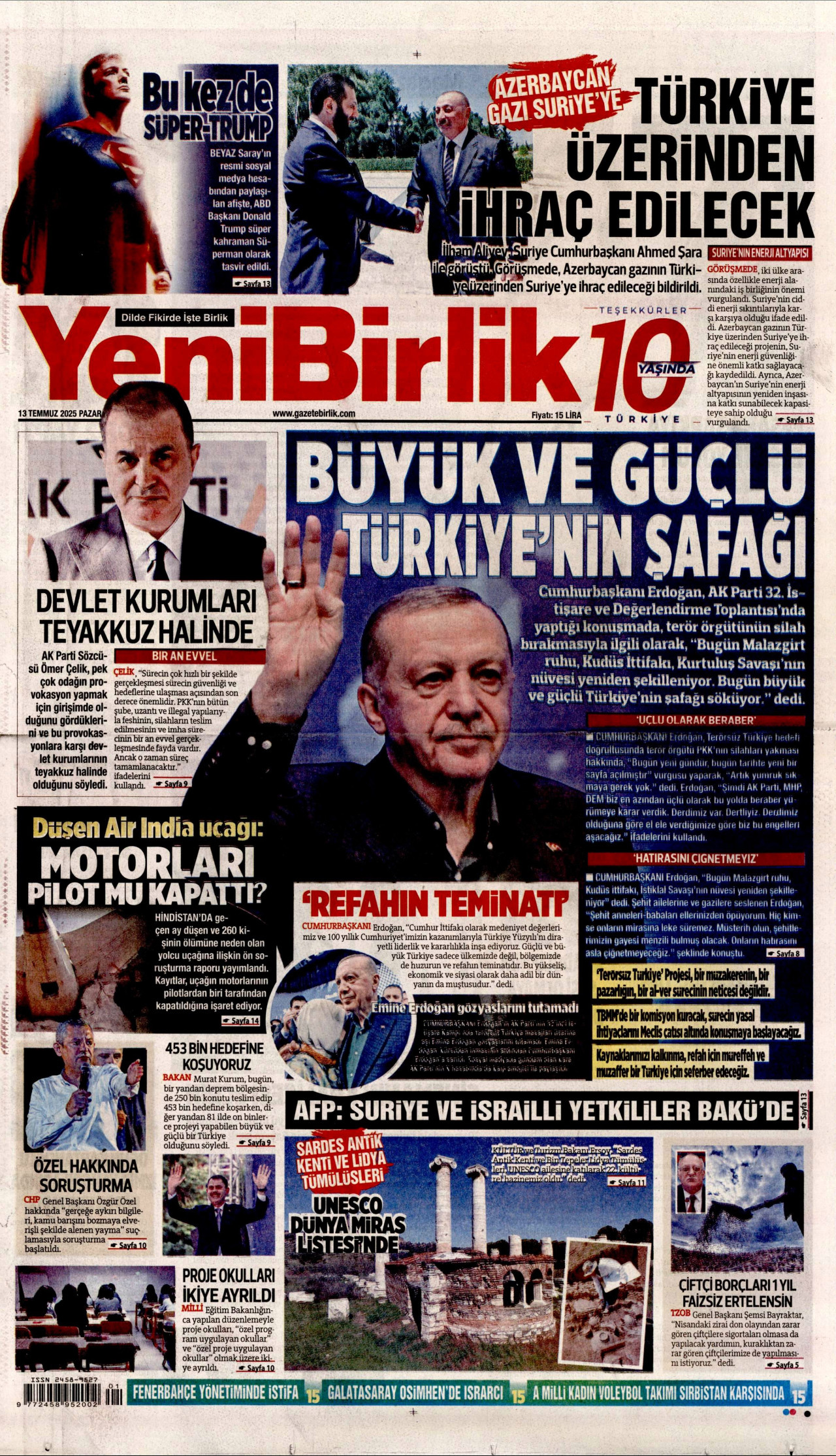 YENİBİRLİK gazetesinin 13 Temmuz 2025 tarihli birinci sayfası