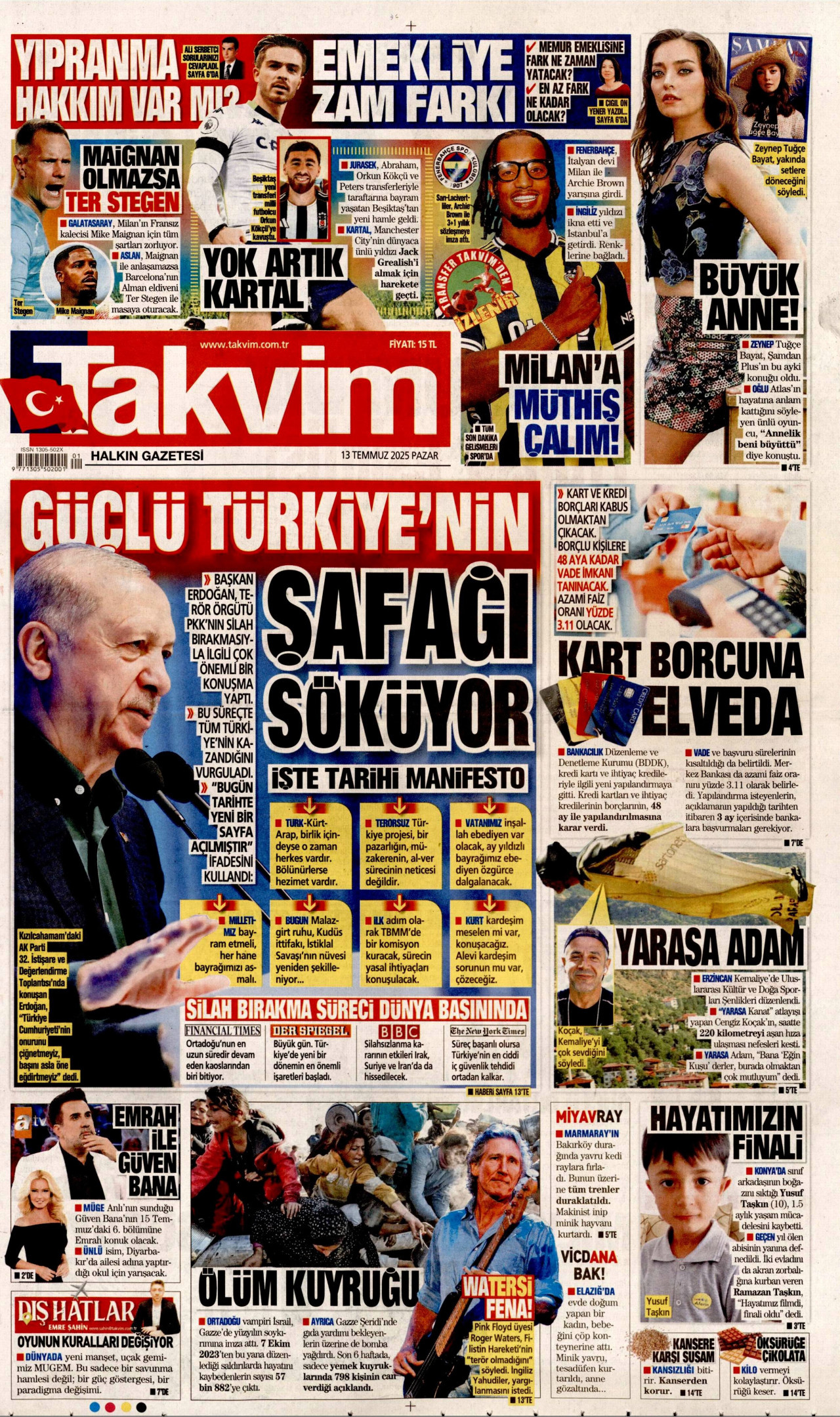 TAKVİM gazetesinin 13 Temmuz 2025 tarihli birinci sayfası