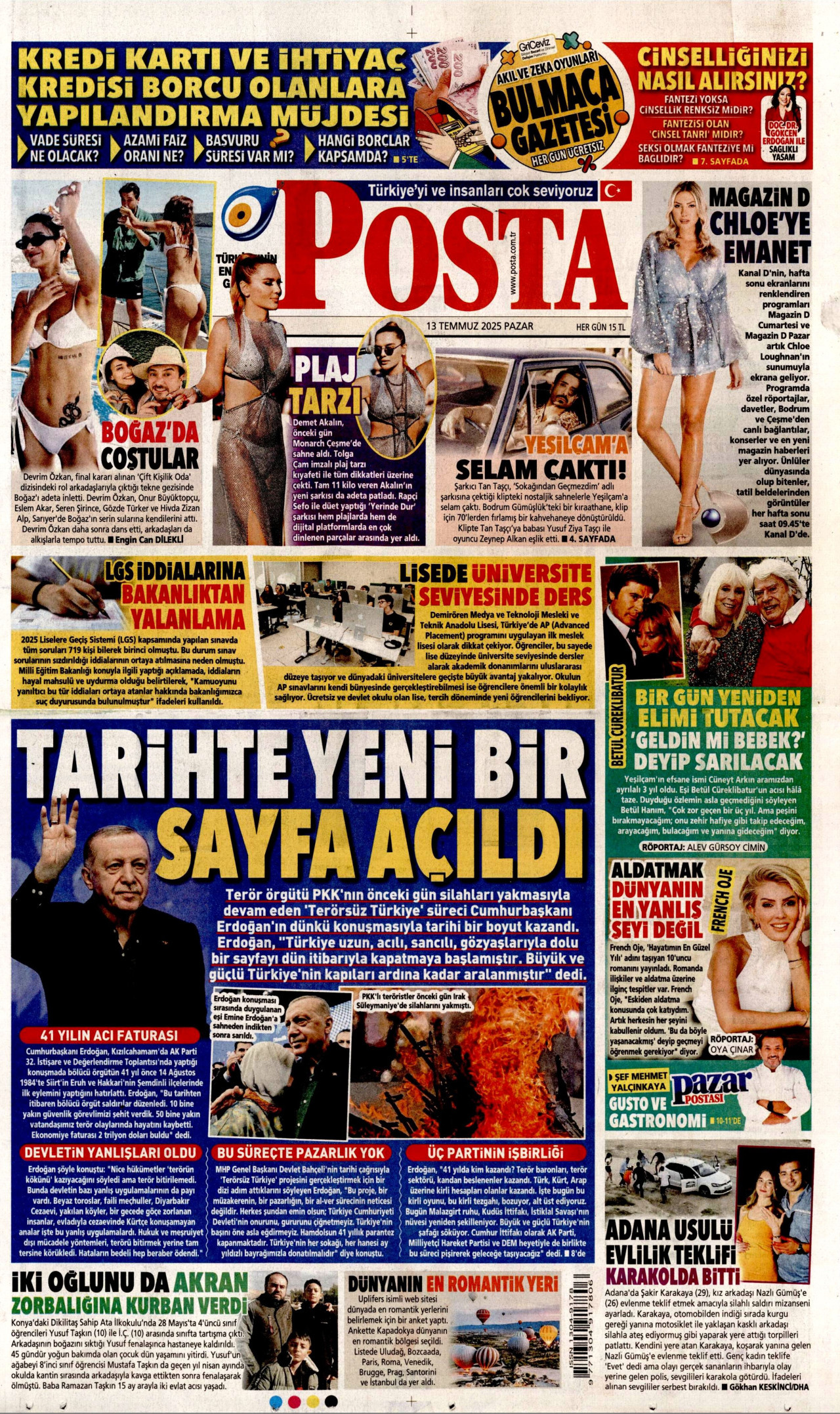 POSTA gazetesinin 13 Temmuz 2025 tarihli birinci sayfası
