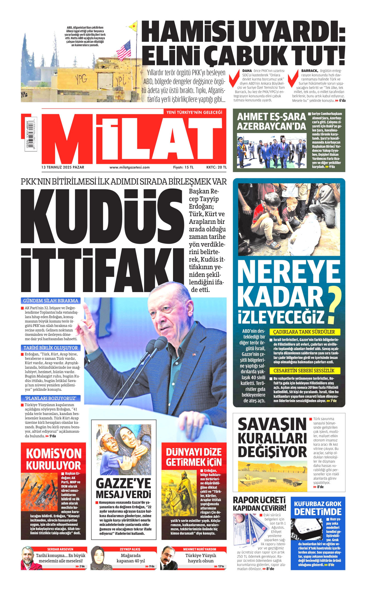 MİLAT gazetesinin 13 Temmuz 2025 tarihli birinci sayfası