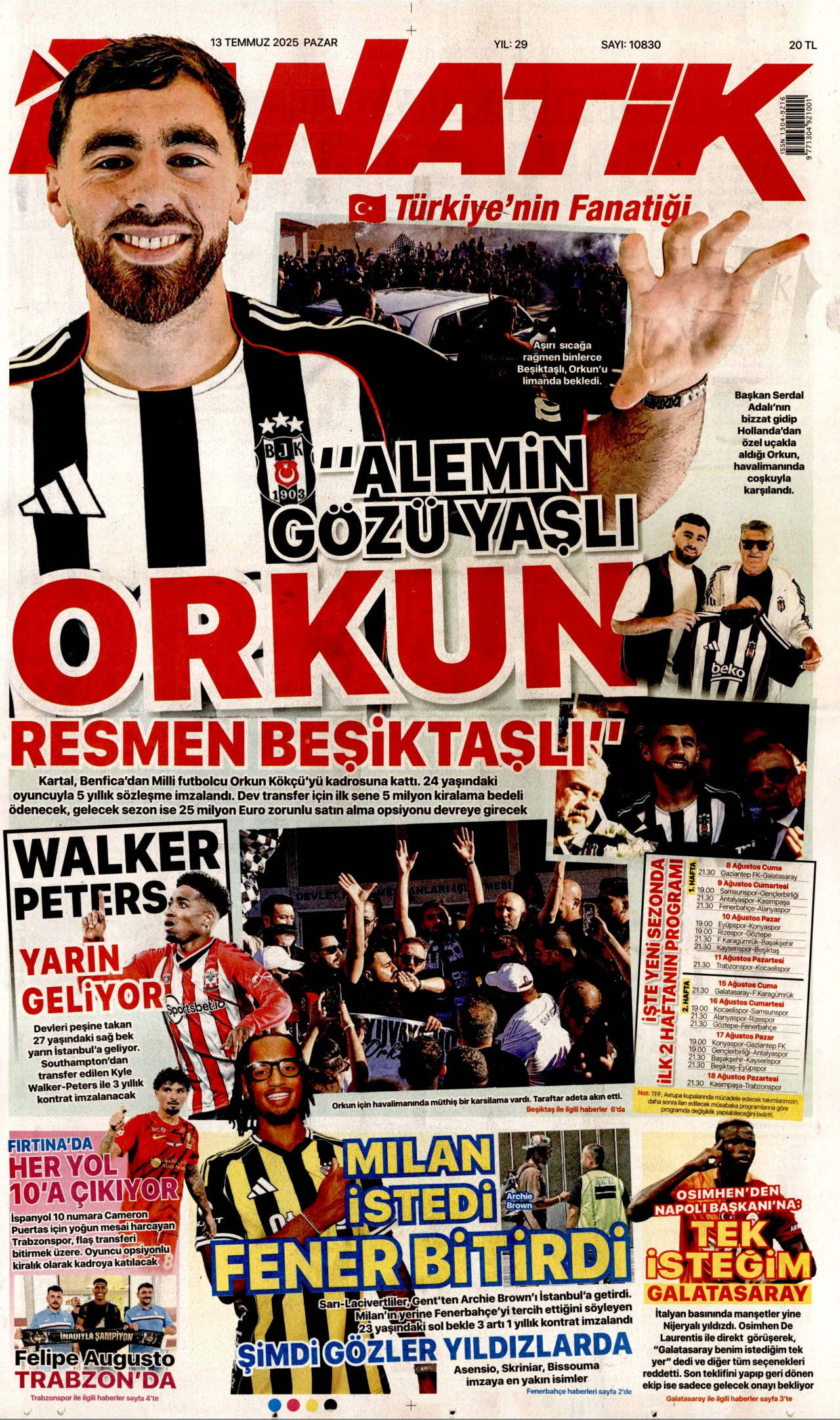 FANATİK gazetesinin 13 Temmuz 2025 tarihli birinci sayfası