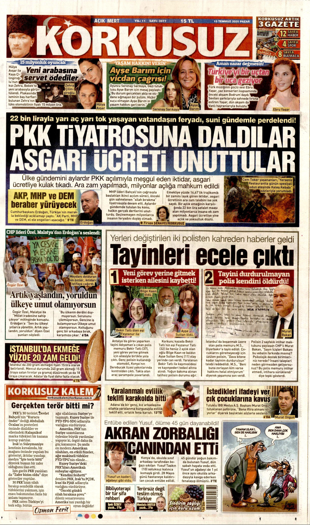 KORKUSUZ gazetesinin 13 Temmuz 2025 tarihli birinci sayfası