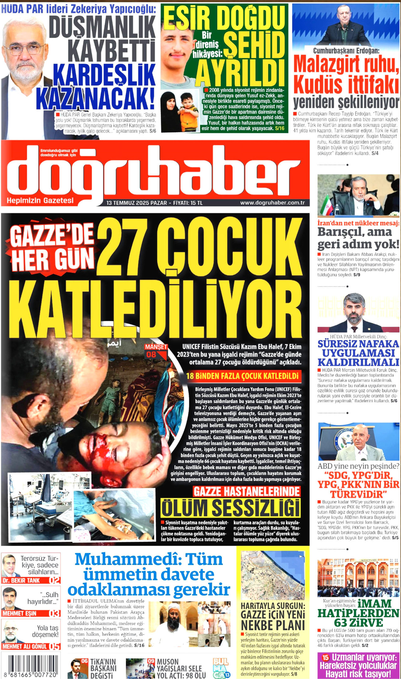 DOĞRU HABER gazetesinin 13 Temmuz 2025 tarihli birinci sayfası