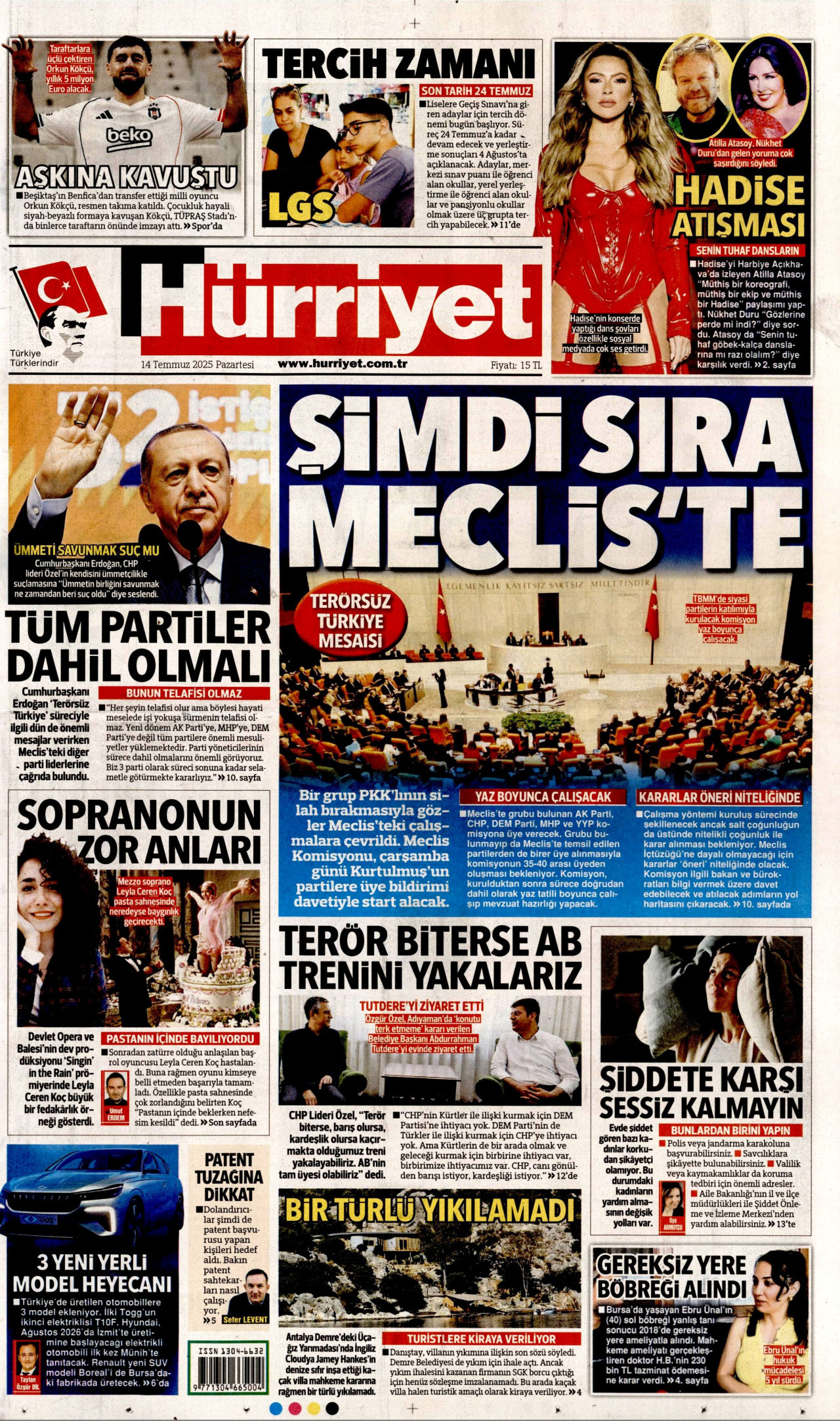HÜRRİYET gazetesinin 14 Temmuz 2025 tarihli birinci sayfası