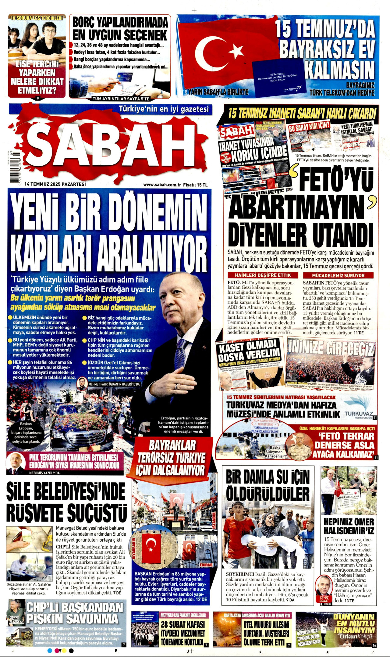 SABAH gazetesinin 14 Temmuz 2025 tarihli birinci sayfası