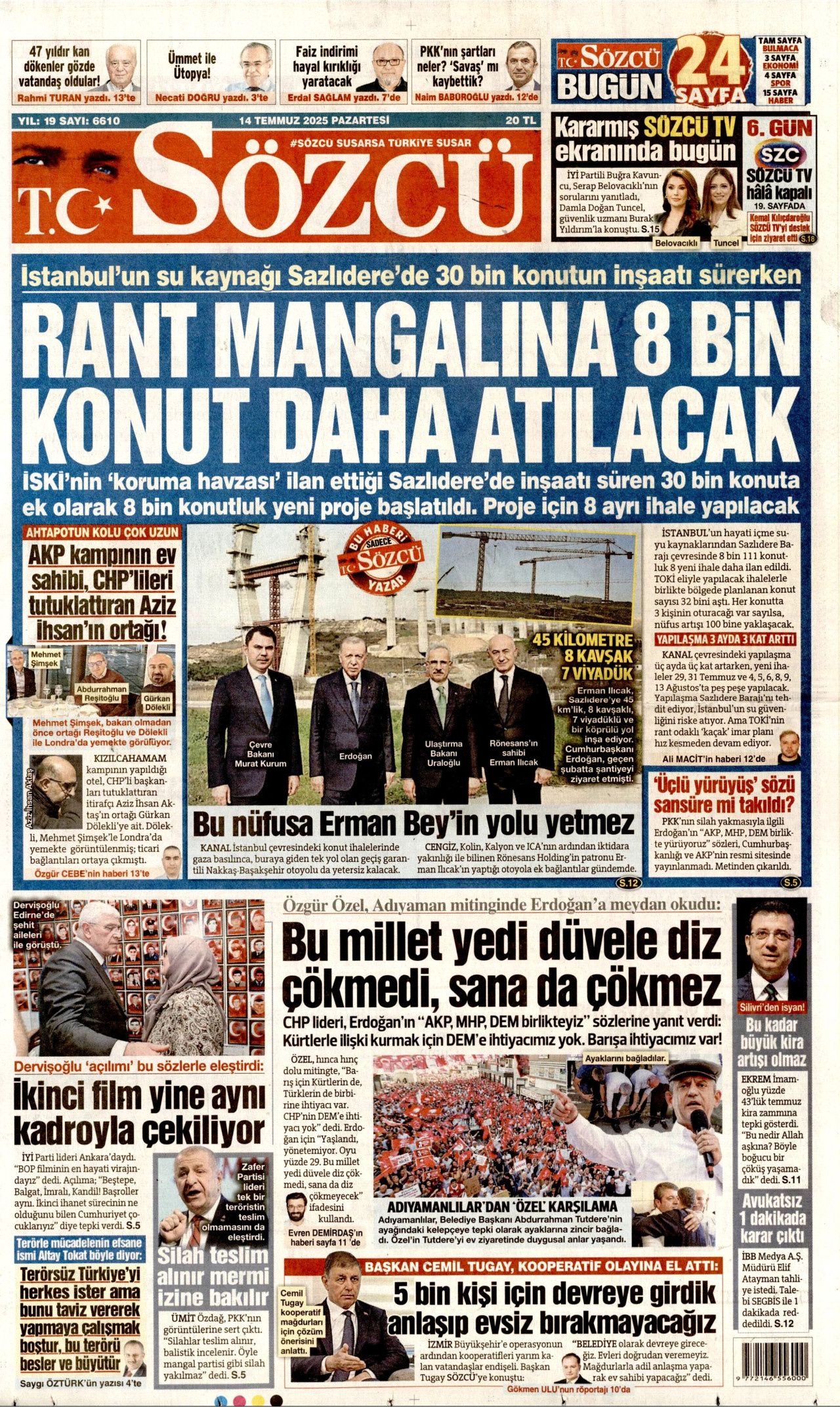SÖZCÜ gazetesinin 14 Temmuz 2025 tarihli birinci sayfası