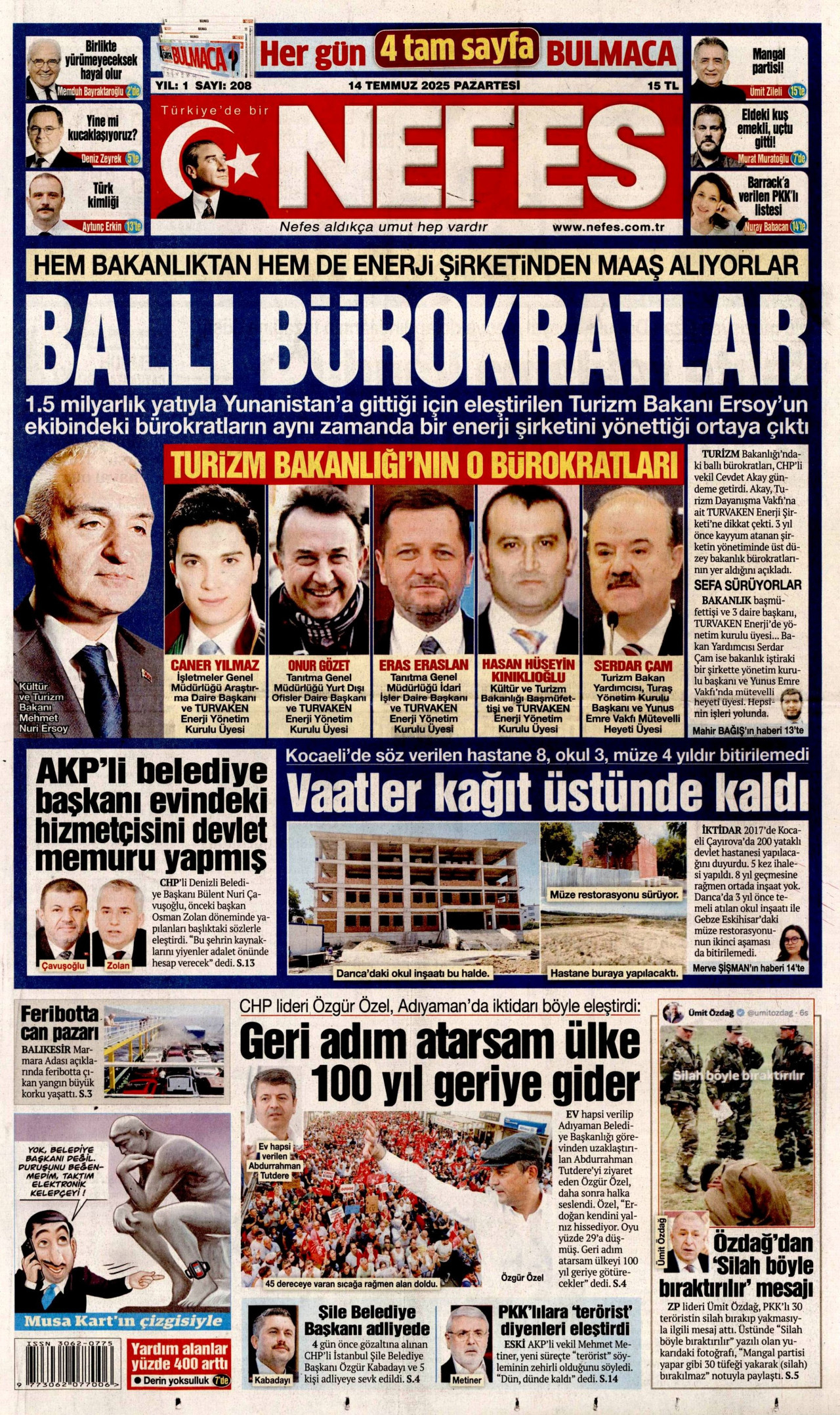 NEFES gazetesinin 14 Temmuz 2025 tarihli birinci sayfası