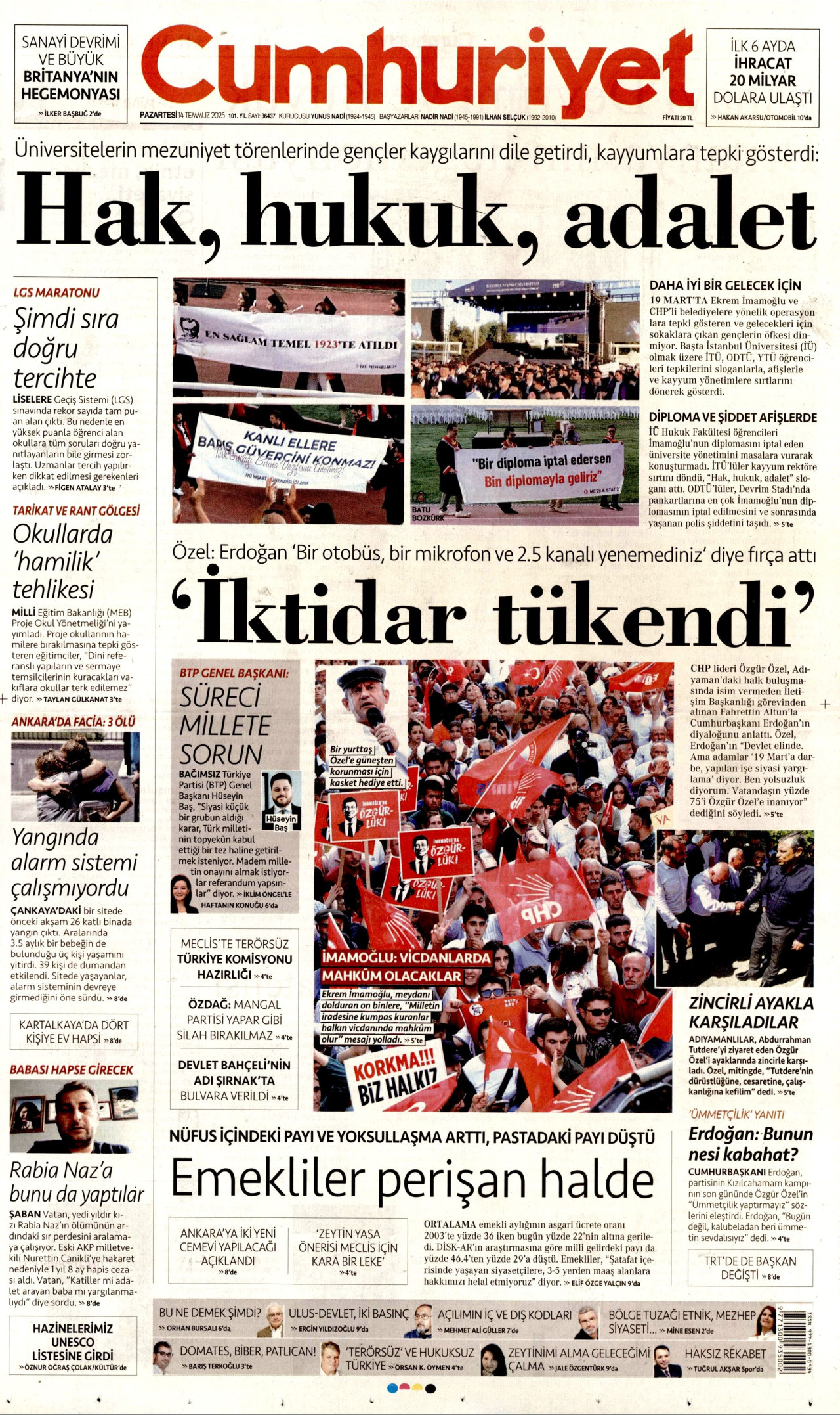 CUMHURİYET gazetesinin 14 Temmuz 2025 tarihli birinci sayfası