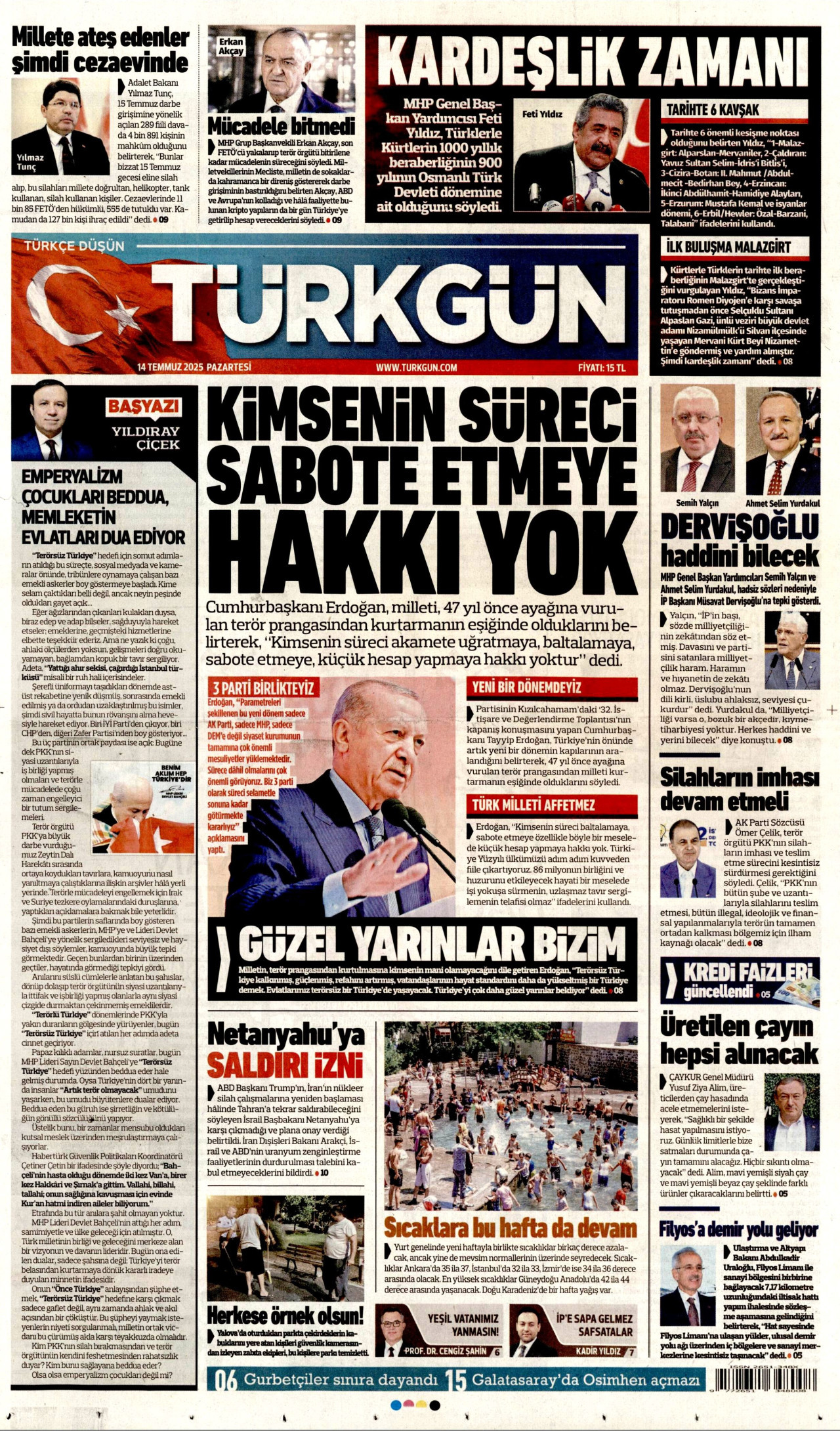 TÜRKGÜN gazetesinin 14 Temmuz 2025 tarihli birinci sayfası