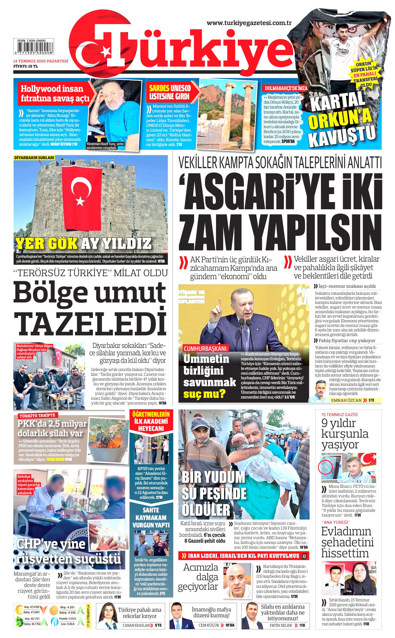 TÜRKİYE GAZETESİ gazetesinin 14 Temmuz 2025 tarihli birinci sayfası