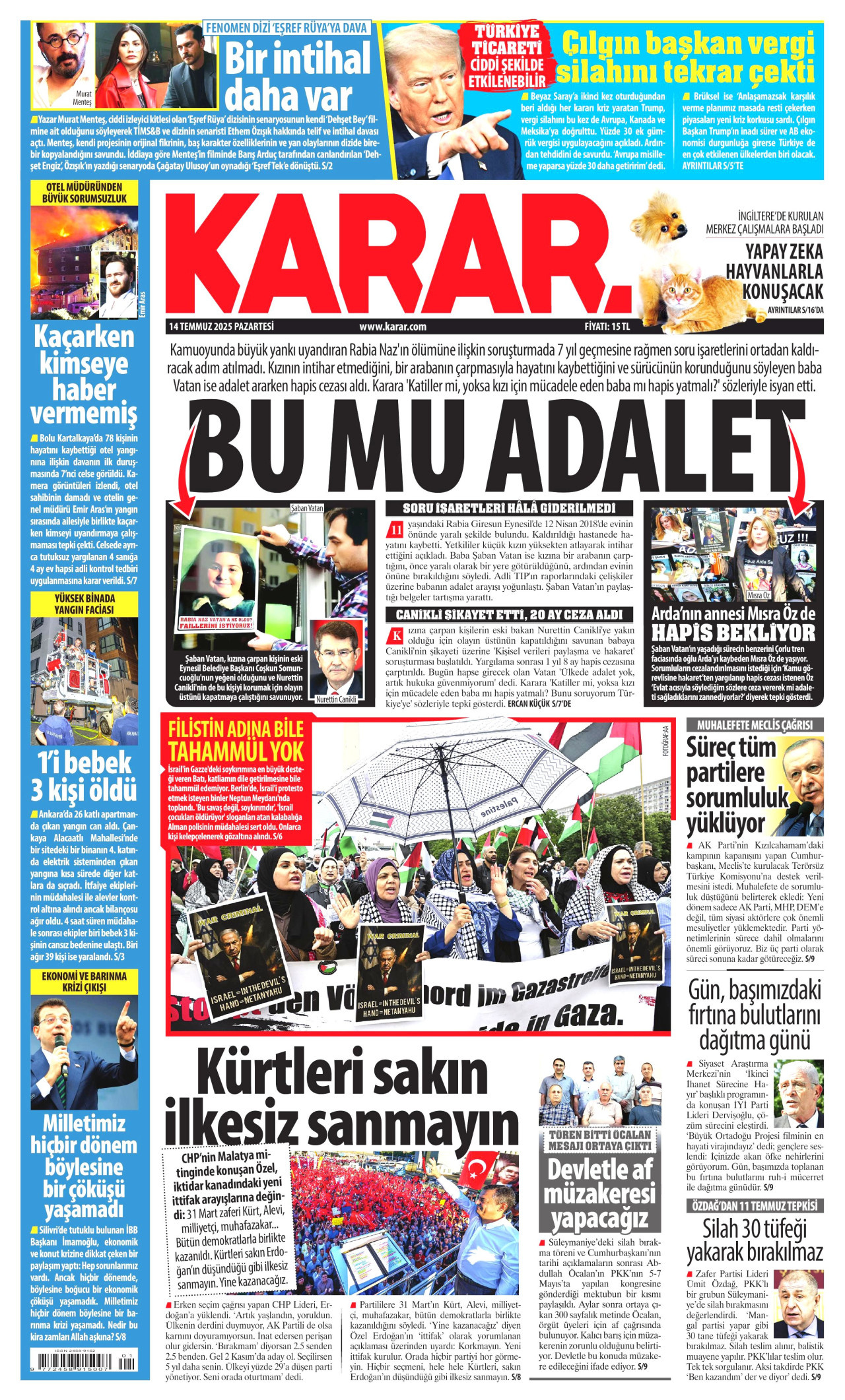 KARAR gazetesinin 14 Temmuz 2025 tarihli birinci sayfası