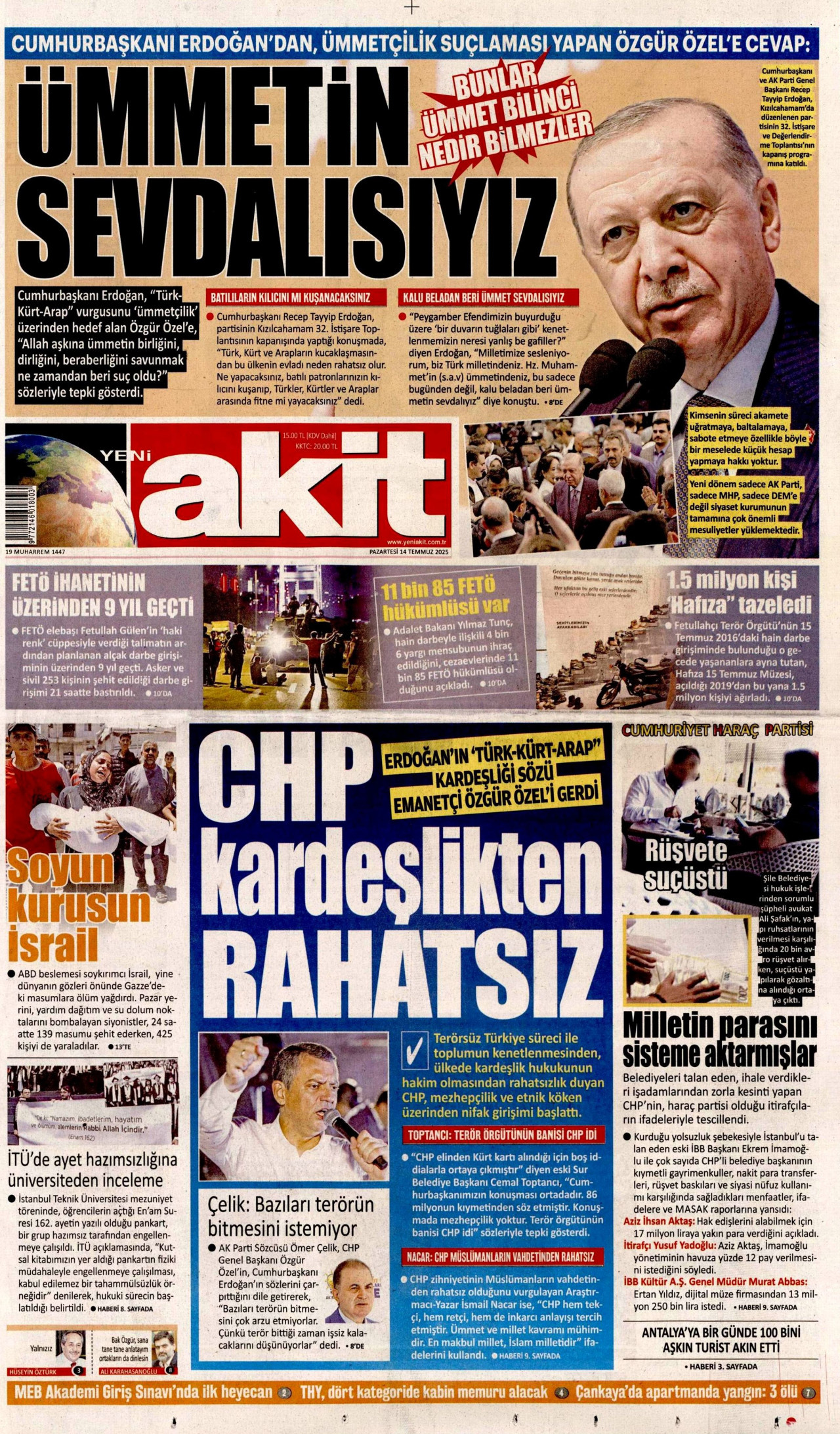 YENİ AKİT gazetesinin 14 Temmuz 2025 tarihli birinci sayfası