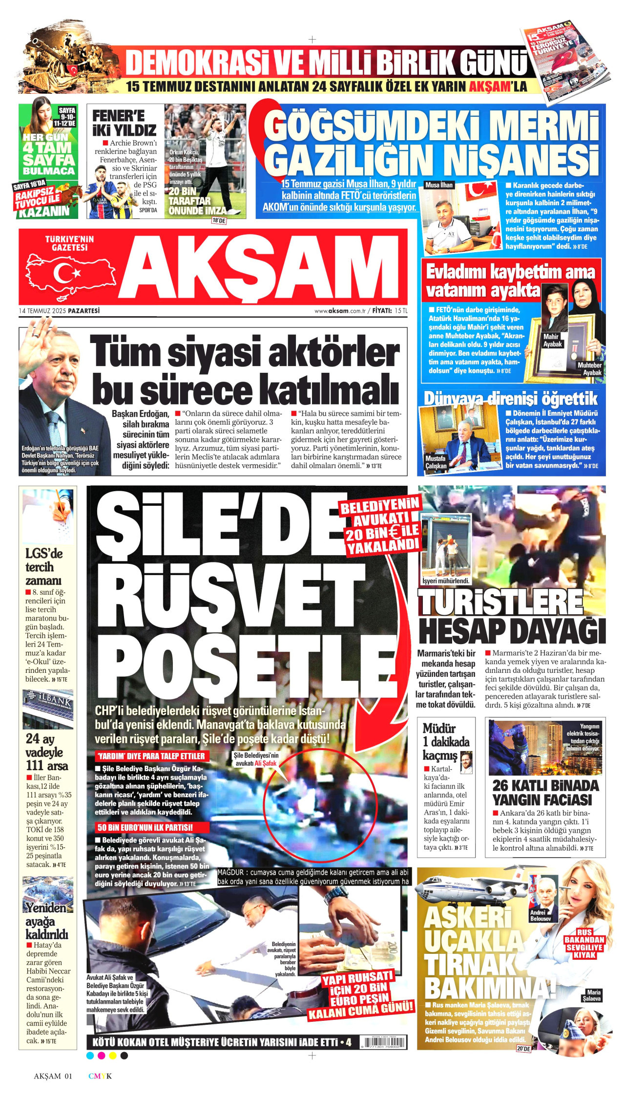 AKŞAM gazetesinin 14 Temmuz 2025 tarihli birinci sayfası