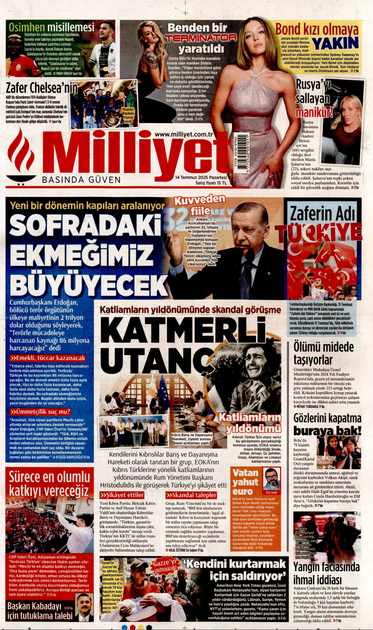MİLLİYET gazetesinin 14 Temmuz 2025 tarihli birinci sayfası