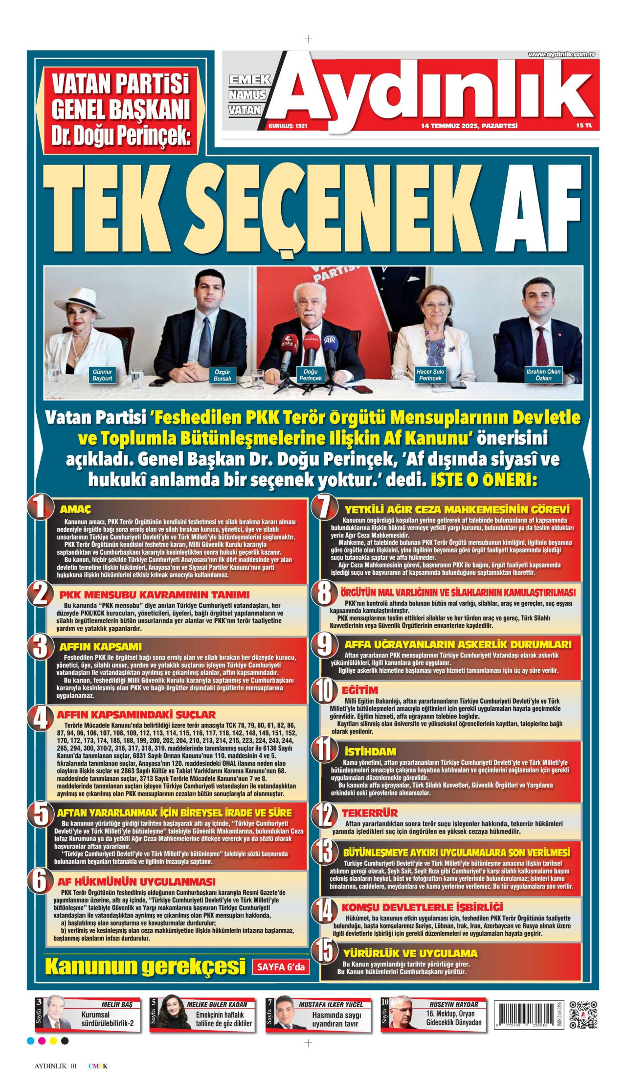 AYDINLIK GAZETESİ gazetesinin 14 Temmuz 2025 tarihli birinci sayfası