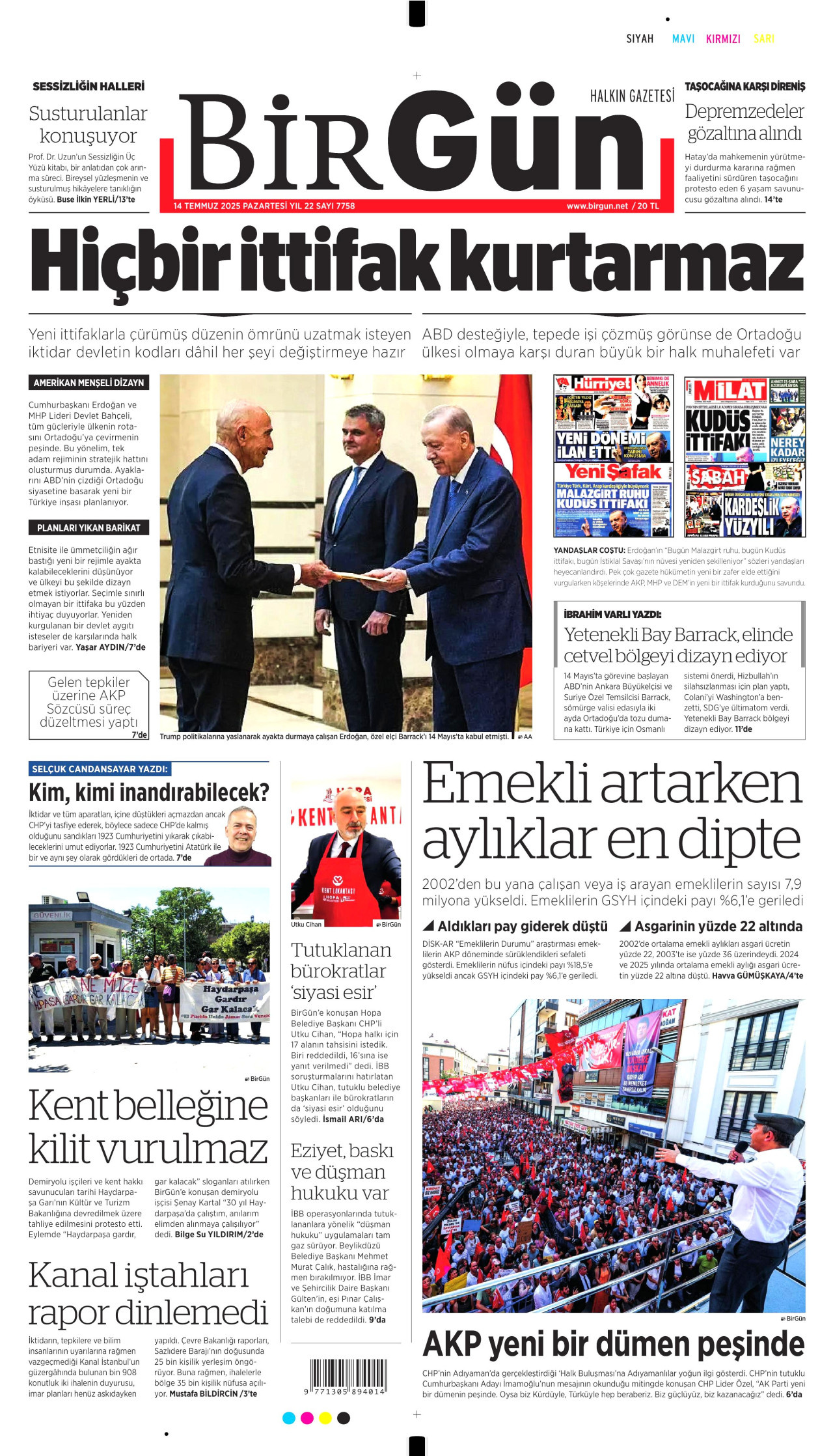 BİRGÜN gazetesinin 14 Temmuz 2025 tarihli birinci sayfası