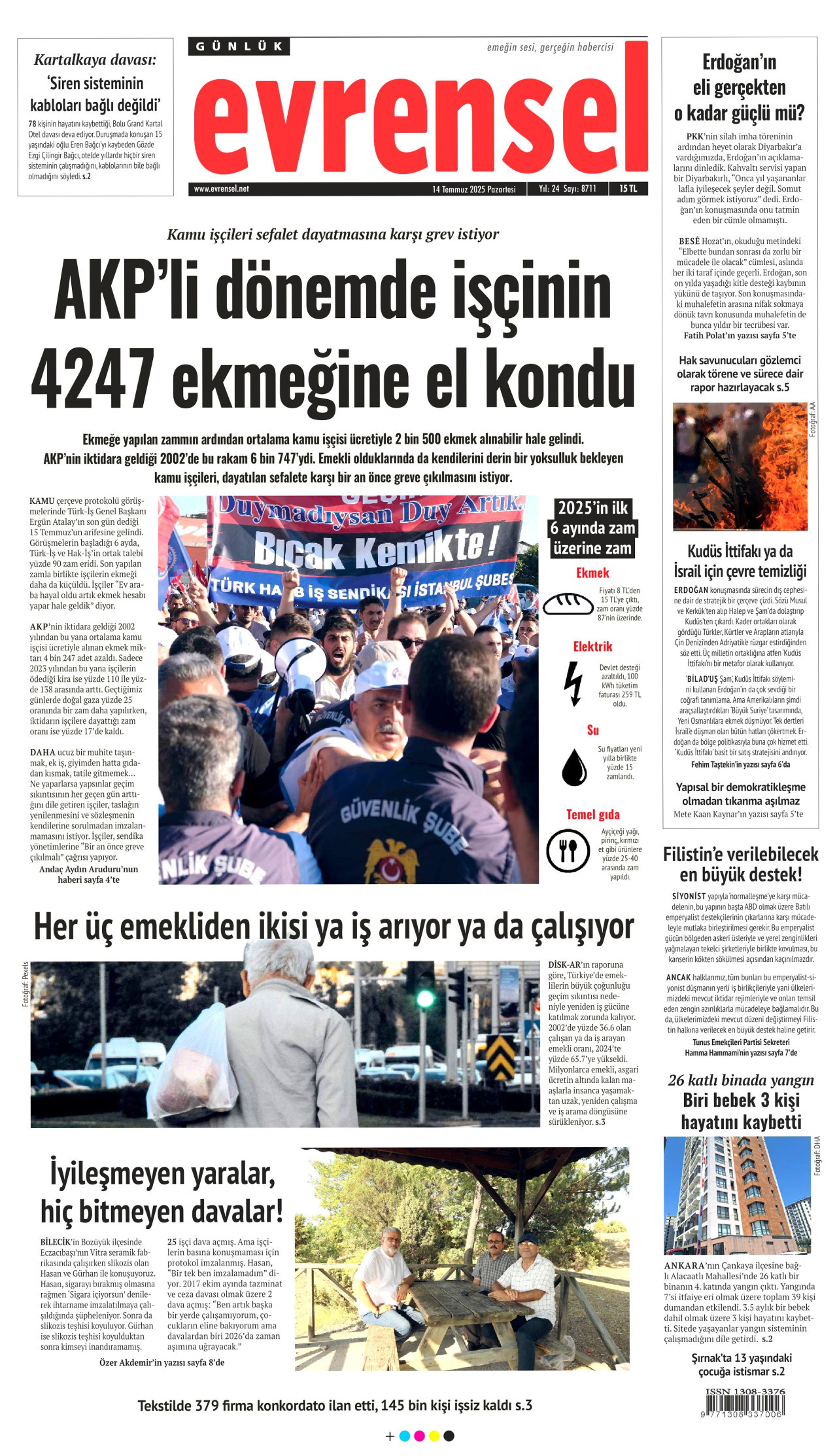 EVRENSEL gazetesinin 14 Temmuz 2025 tarihli birinci sayfası