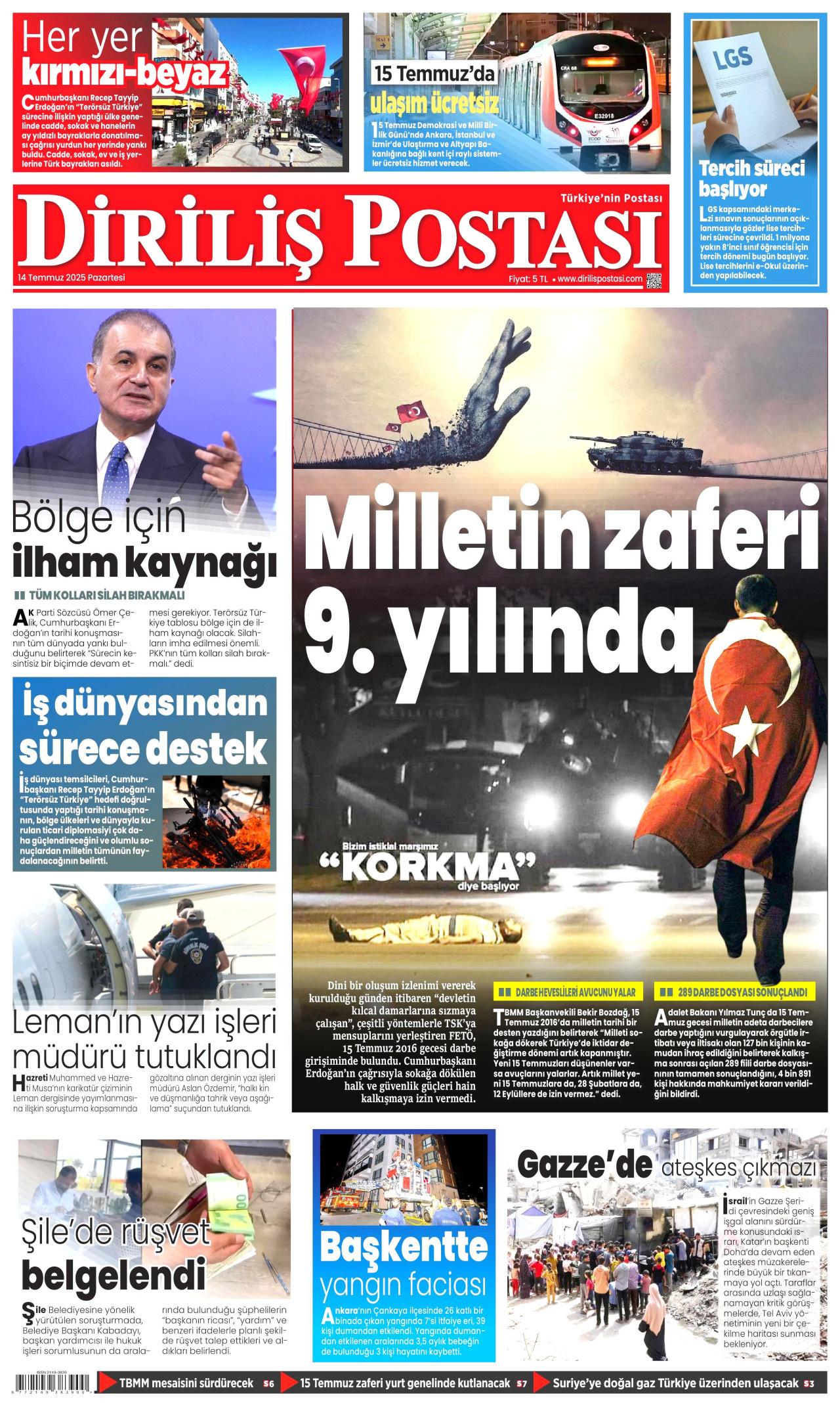 DİRİLİŞ POSTASI gazetesinin 14 Temmuz 2025 tarihli birinci sayfası