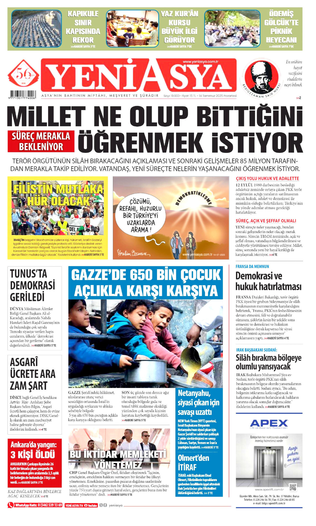 YENİ ASYA gazetesinin 14 Temmuz 2025 tarihli birinci sayfası