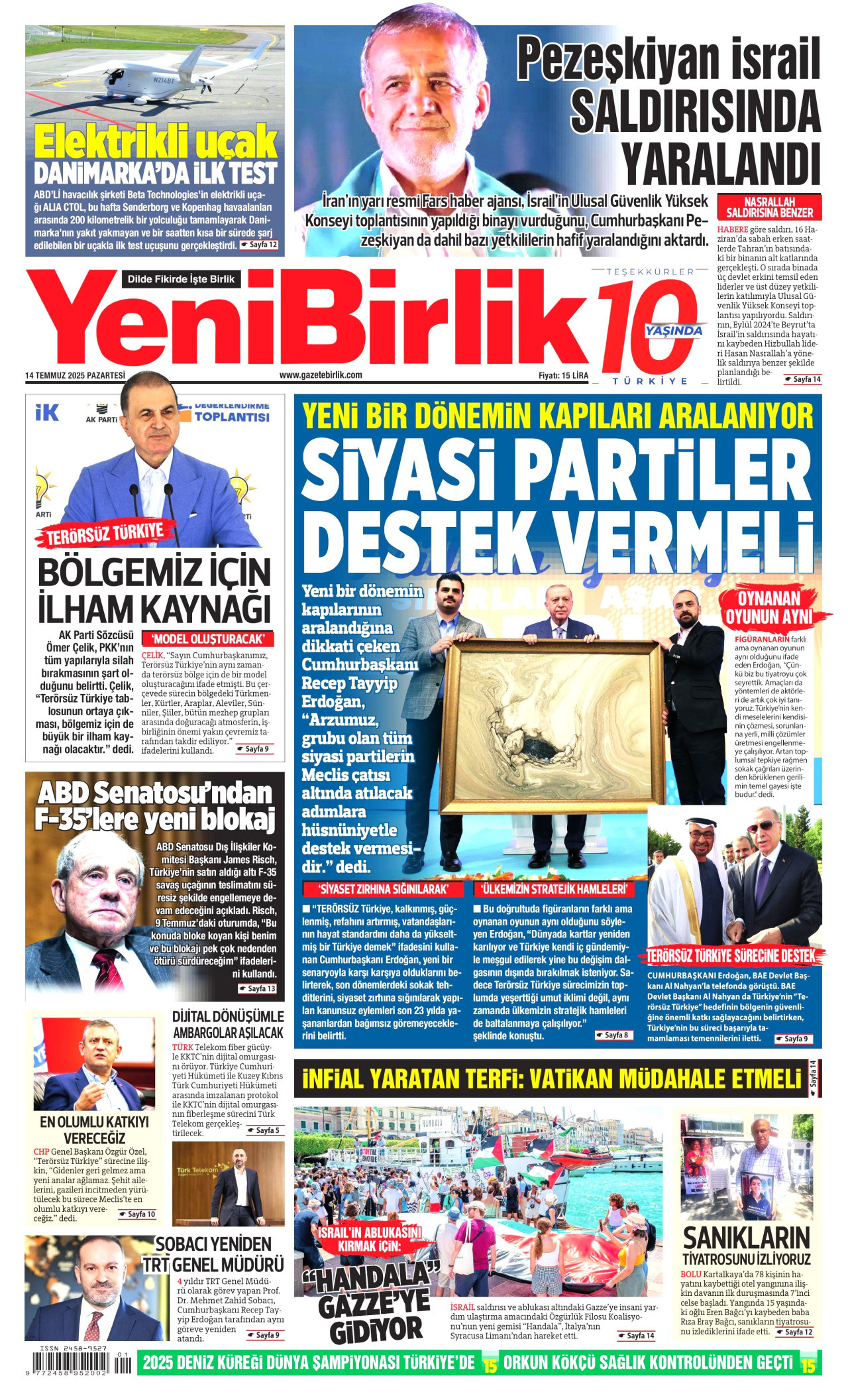 YENİBİRLİK gazetesinin 14 Temmuz 2025 tarihli birinci sayfası