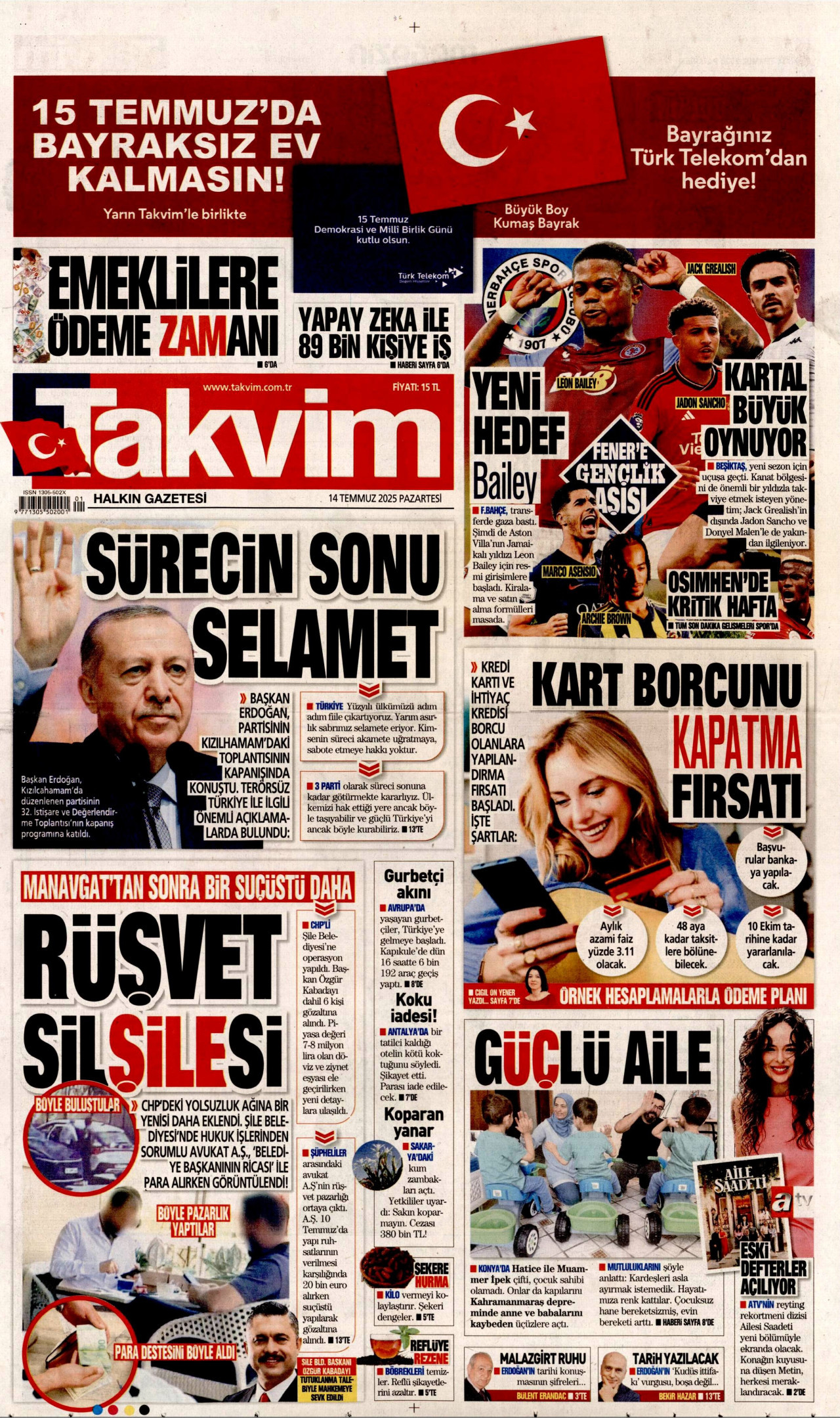 TAKVİM gazetesinin 14 Temmuz 2025 tarihli birinci sayfası