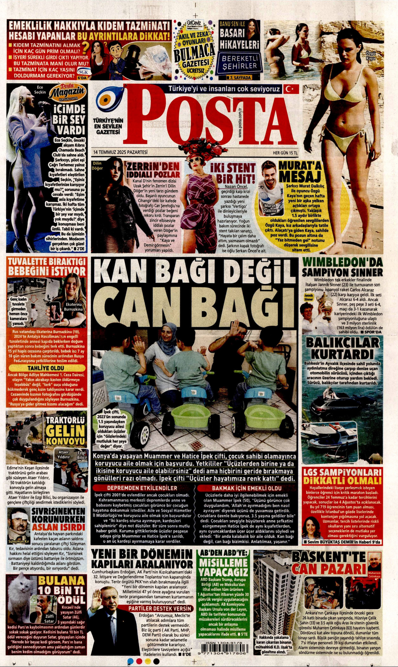 POSTA gazetesinin 14 Temmuz 2025 tarihli birinci sayfası