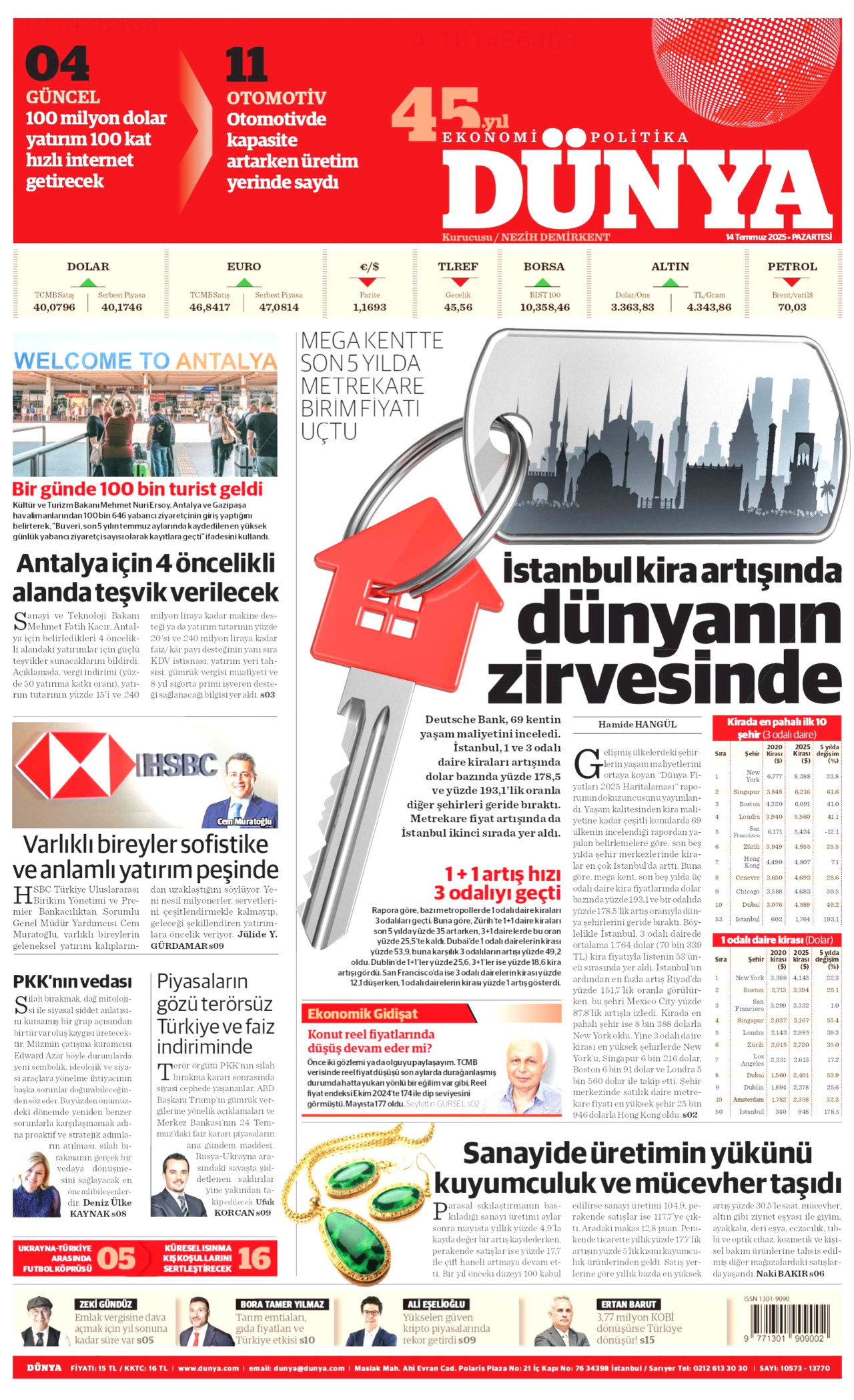 DÜNYA gazetesinin 14 Temmuz 2025 tarihli birinci sayfası