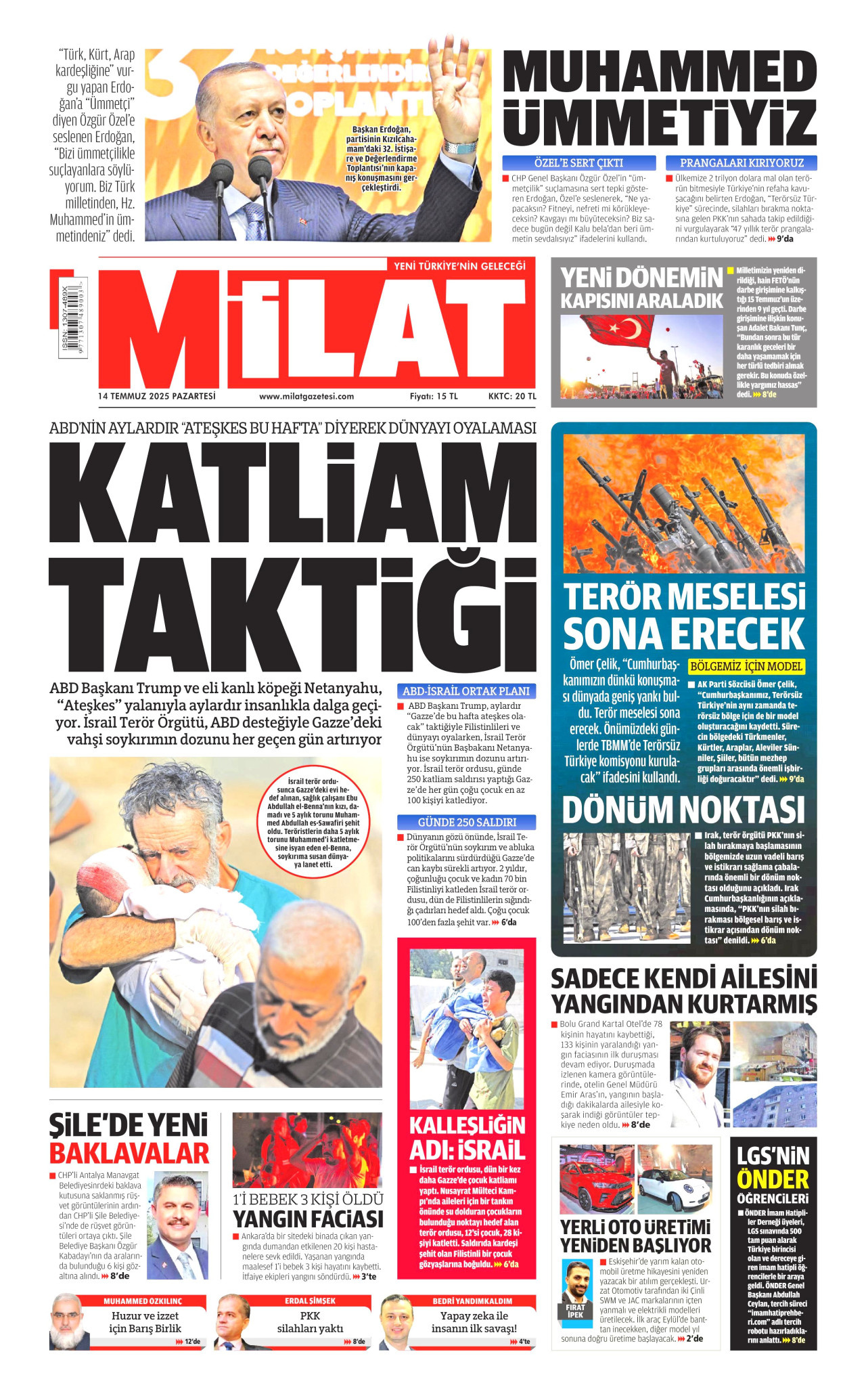 MİLAT gazetesinin 14 Temmuz 2025 tarihli birinci sayfası