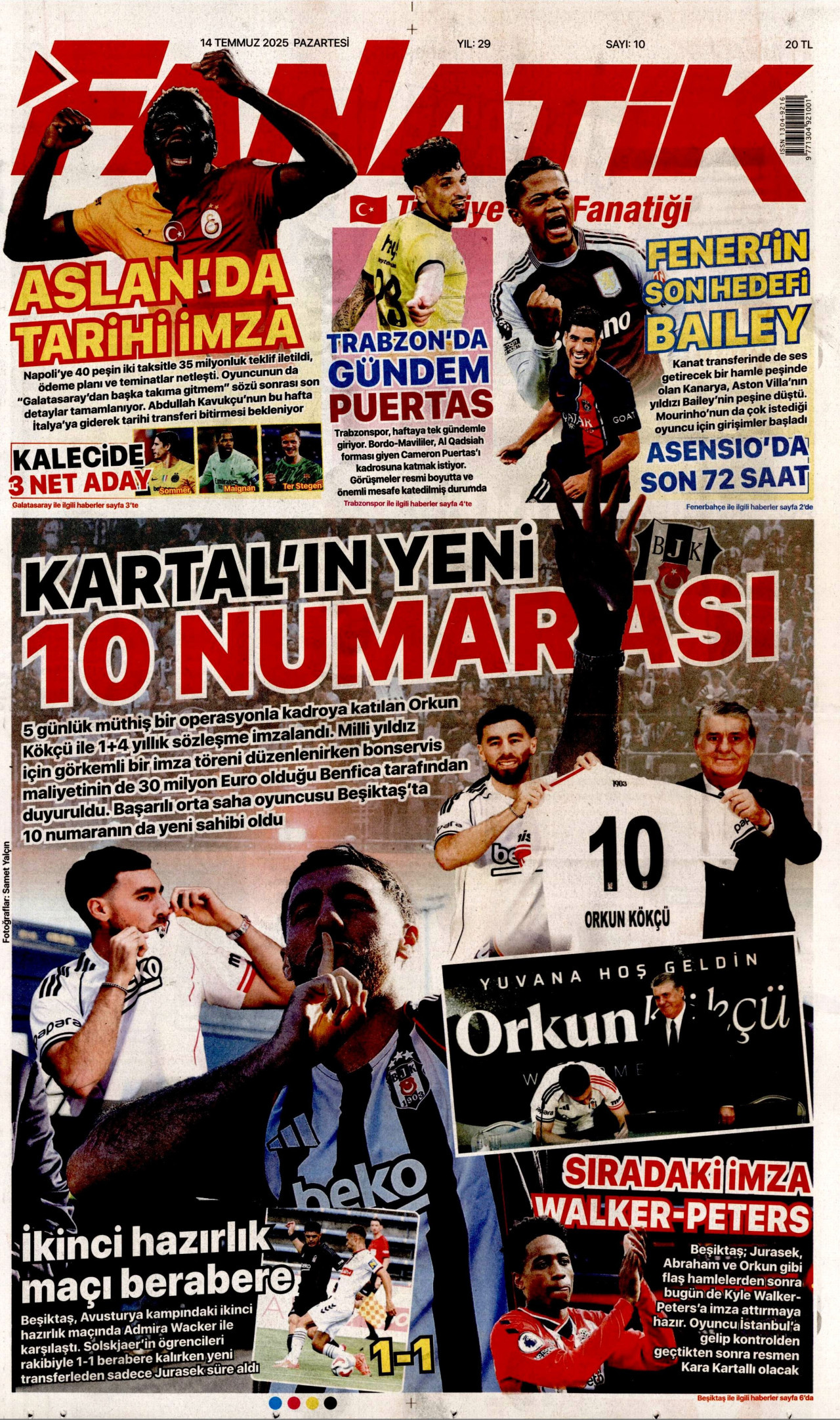 FANATİK gazetesinin 14 Temmuz 2025 tarihli birinci sayfası