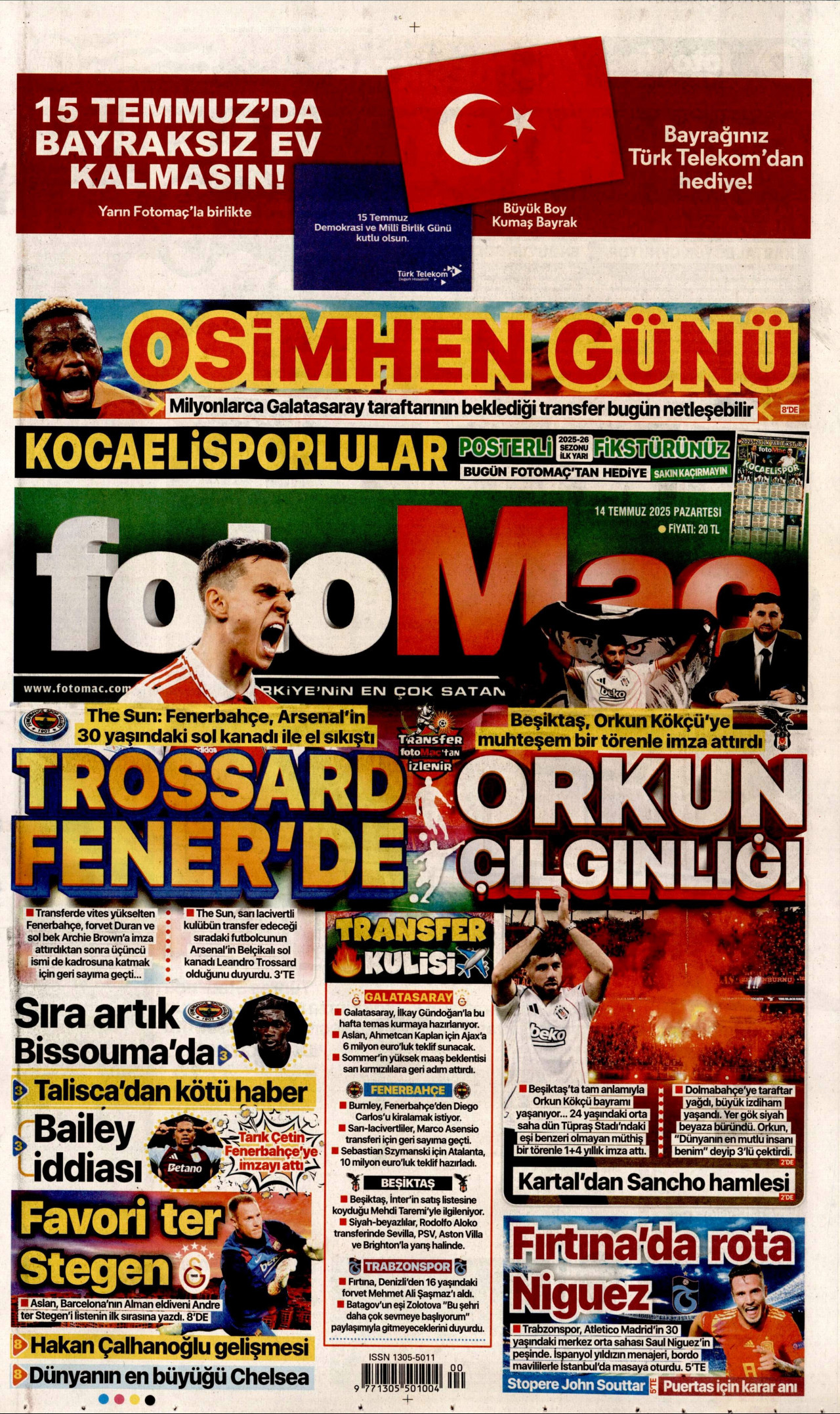 FOTOMAÇ gazetesinin 14 Temmuz 2025 tarihli birinci sayfası