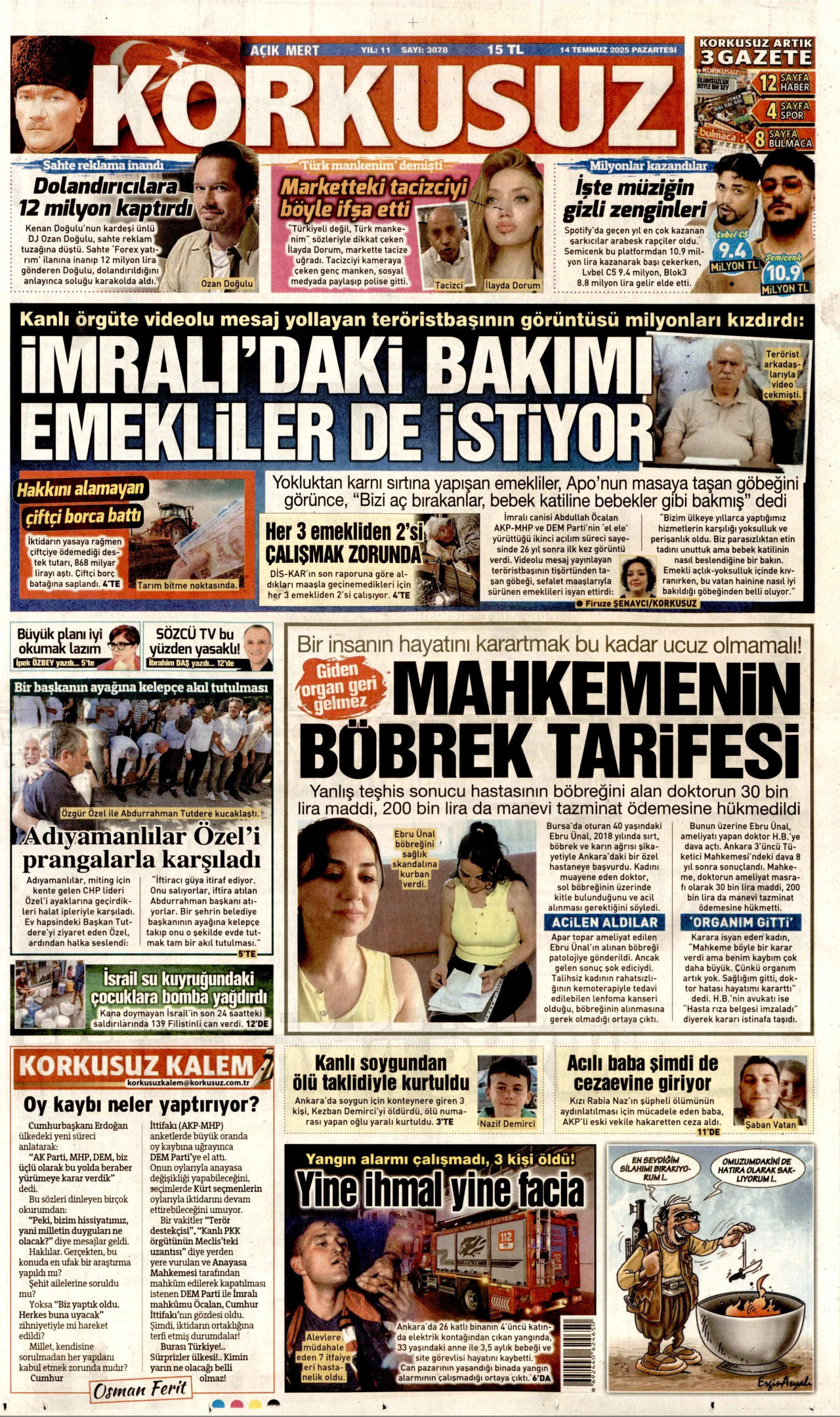 KORKUSUZ gazetesinin 14 Temmuz 2025 tarihli birinci sayfası