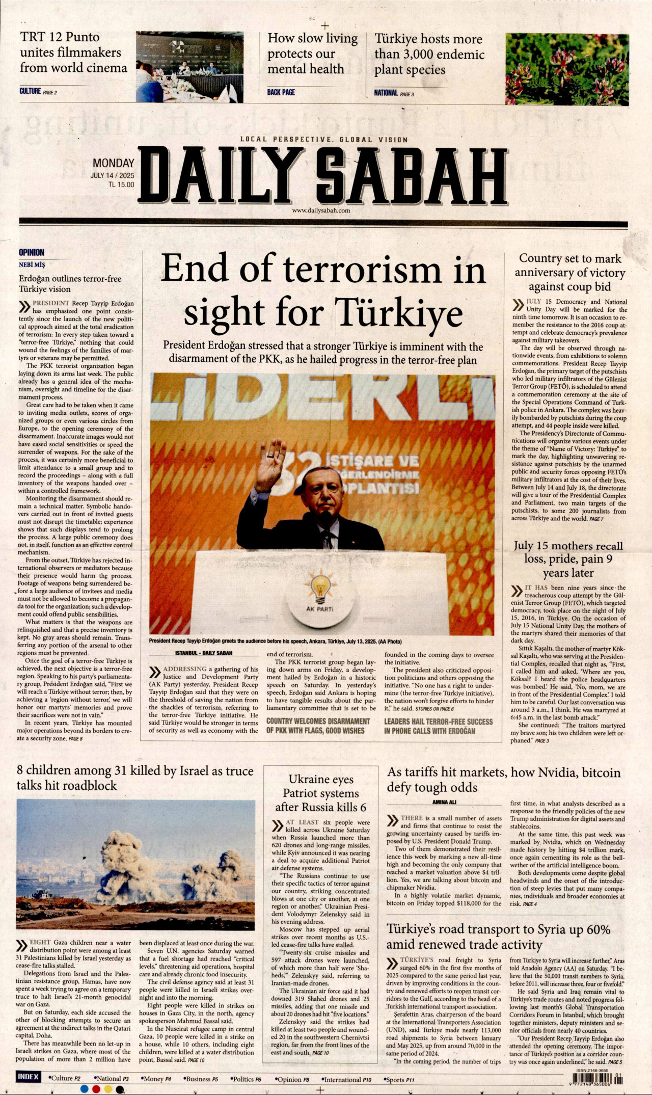 DAİLY SABAH gazetesinin 14 Temmuz 2025 tarihli birinci sayfası