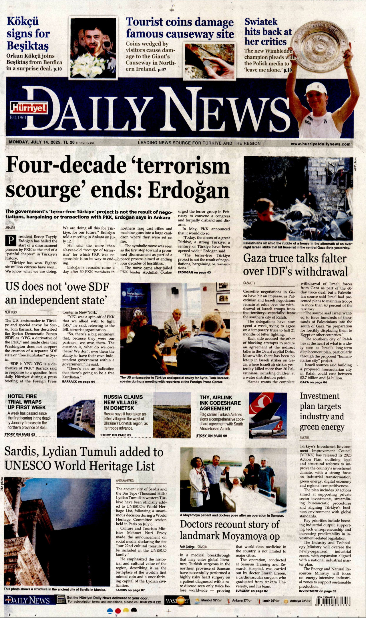 HÜRRİYET DAİLY NEWS gazetesinin 14 Temmuz 2025 tarihli birinci sayfası