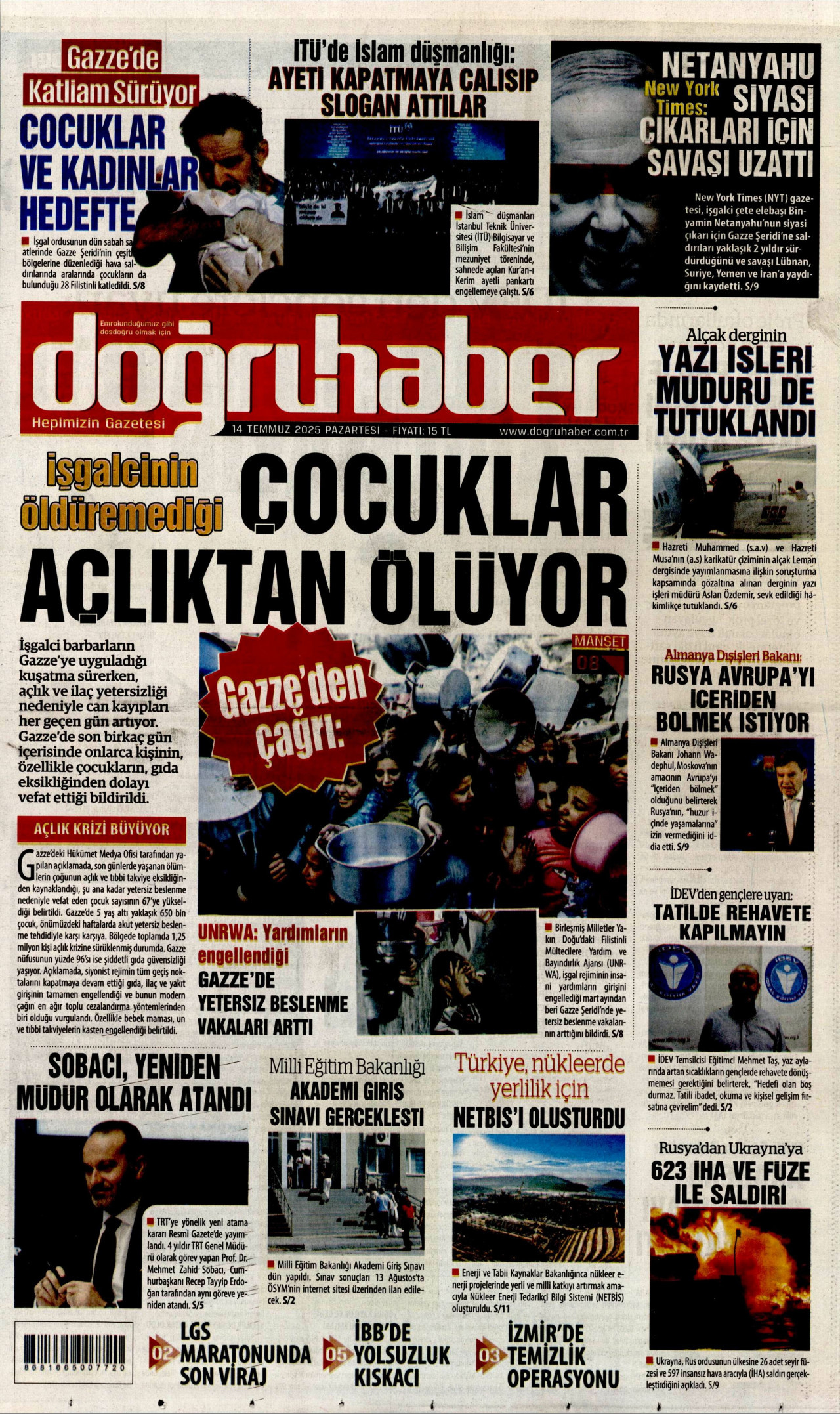 DOĞRU HABER gazetesinin 14 Temmuz 2025 tarihli birinci sayfası