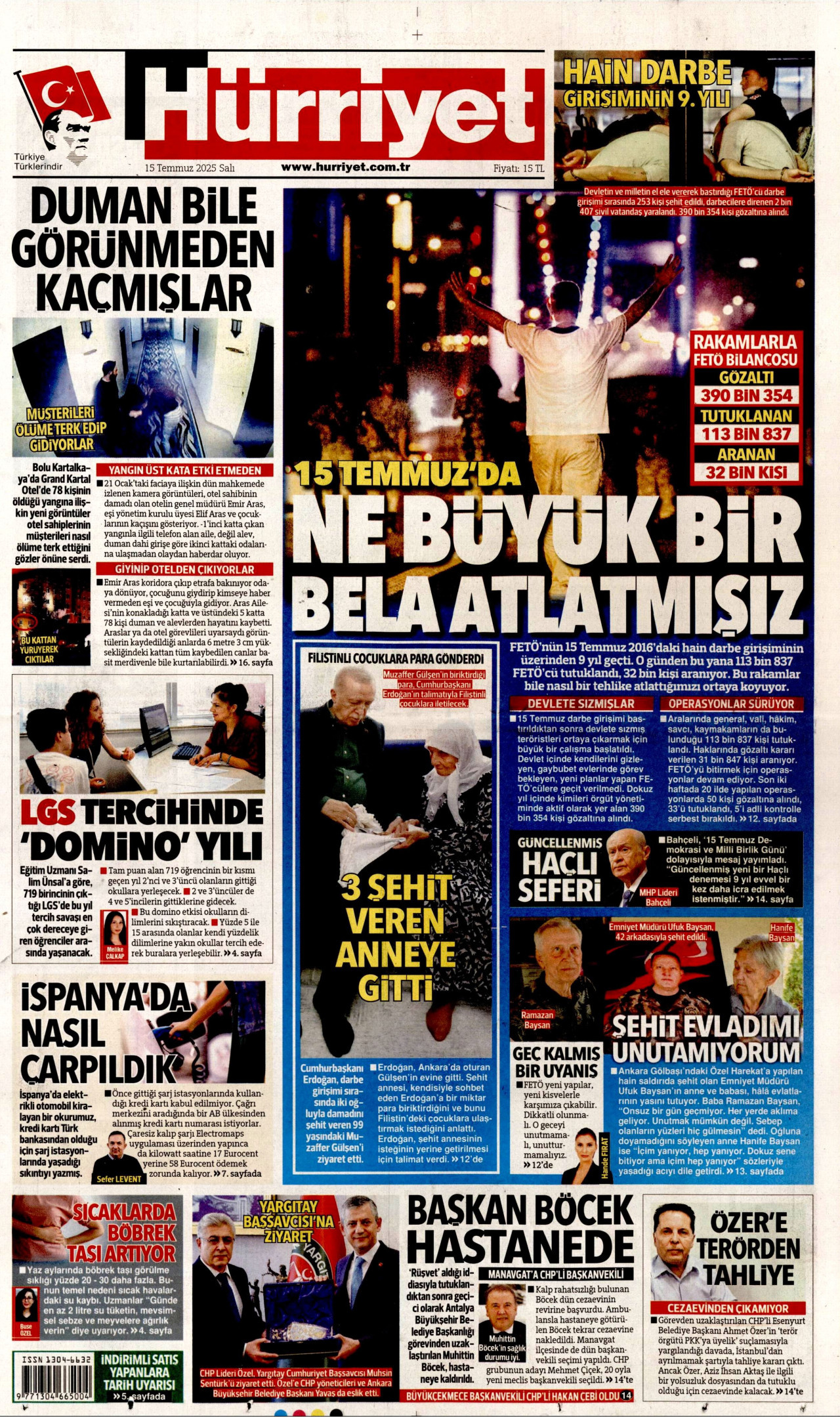 HÜRRİYET gazetesinin 15 Temmuz 2025 tarihli birinci sayfası