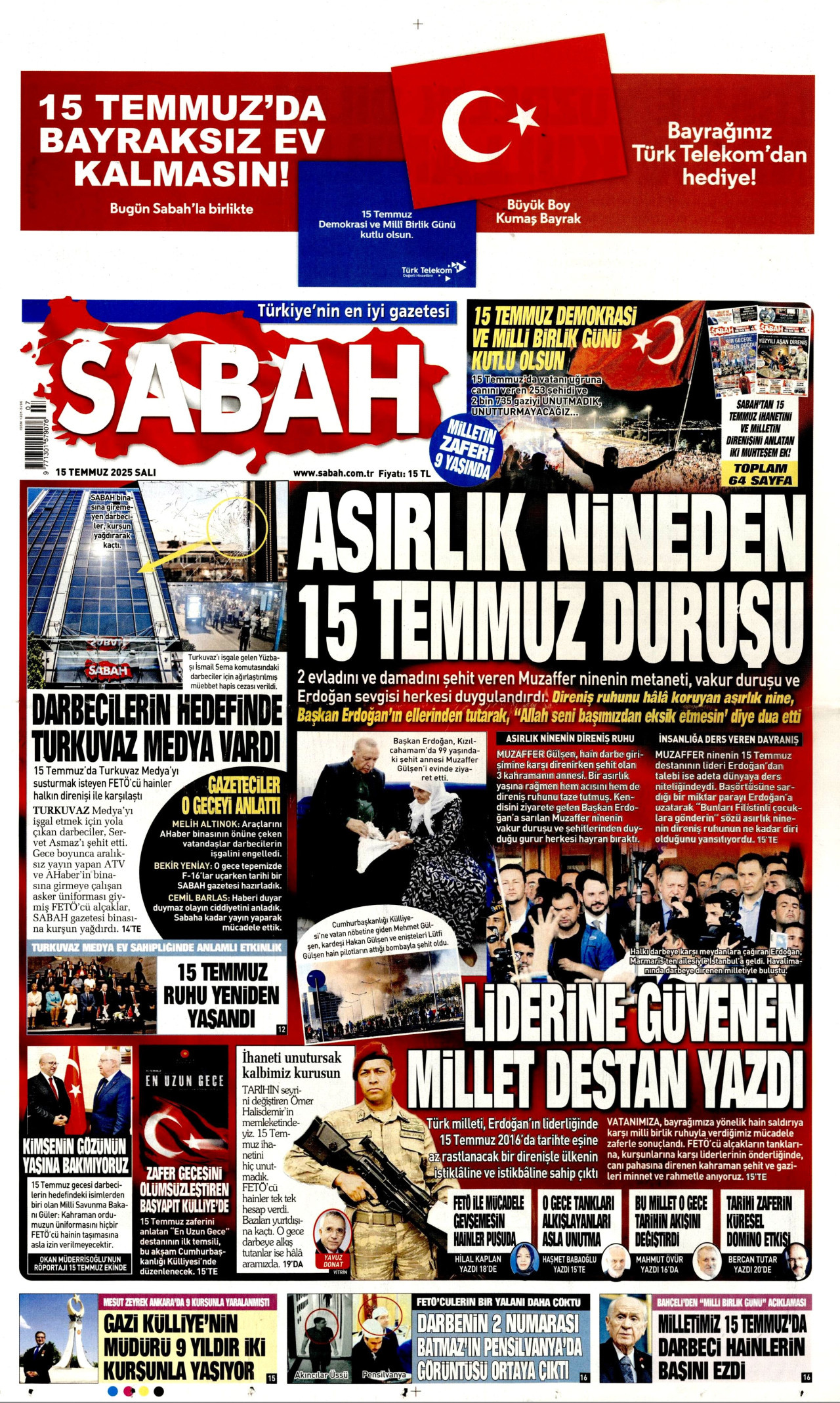 SABAH gazetesinin 15 Temmuz 2025 tarihli birinci sayfası