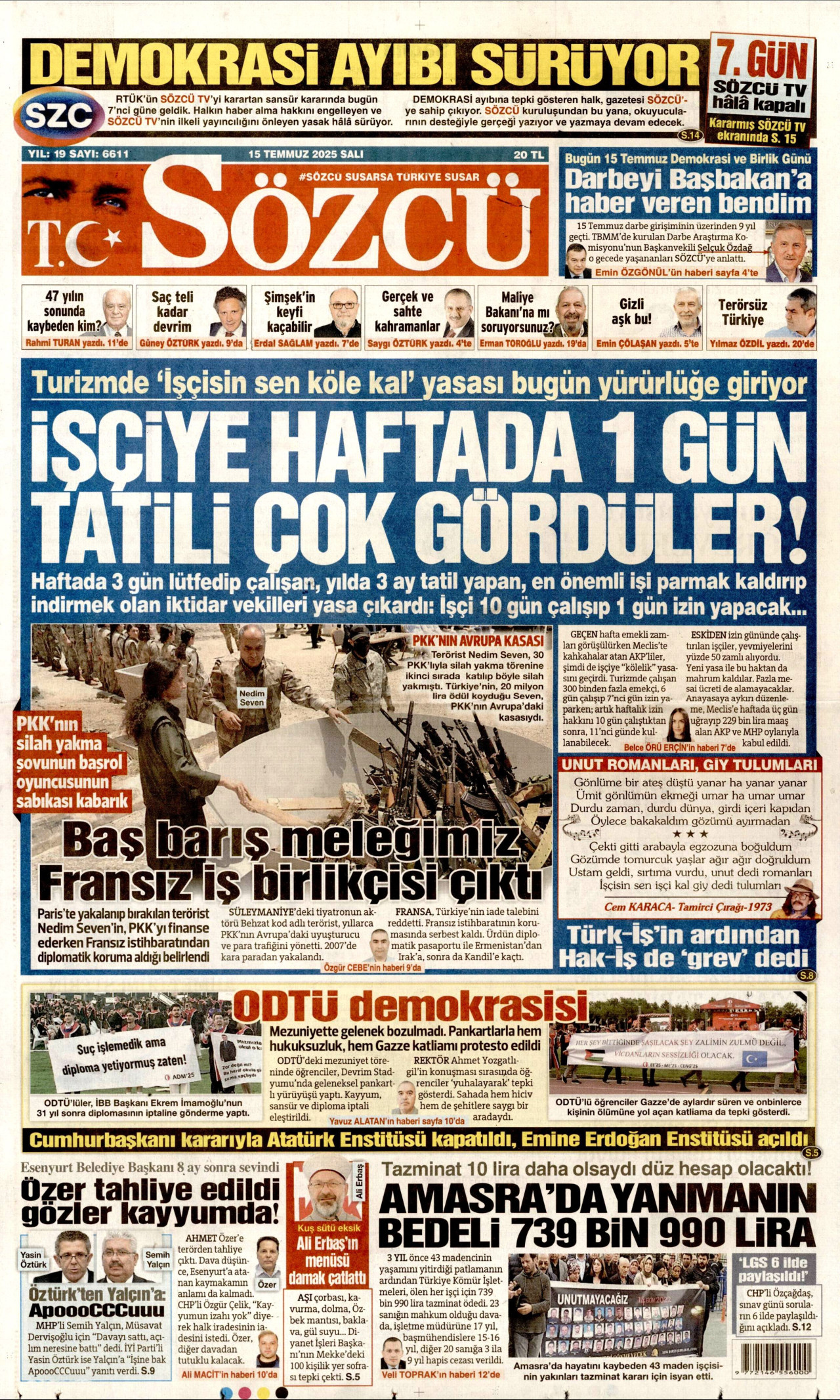 SÖZCÜ gazetesinin 15 Temmuz 2025 tarihli birinci sayfası