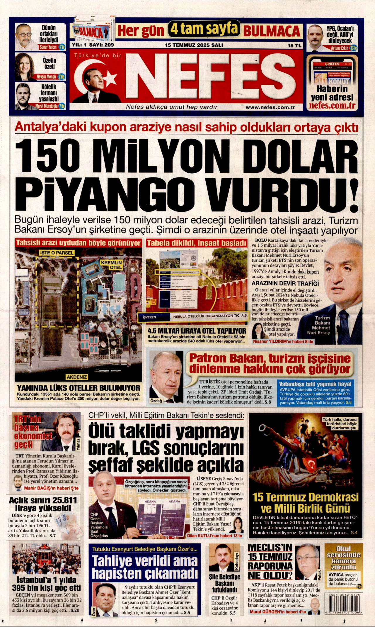 NEFES gazetesinin 15 Temmuz 2025 tarihli birinci sayfası
