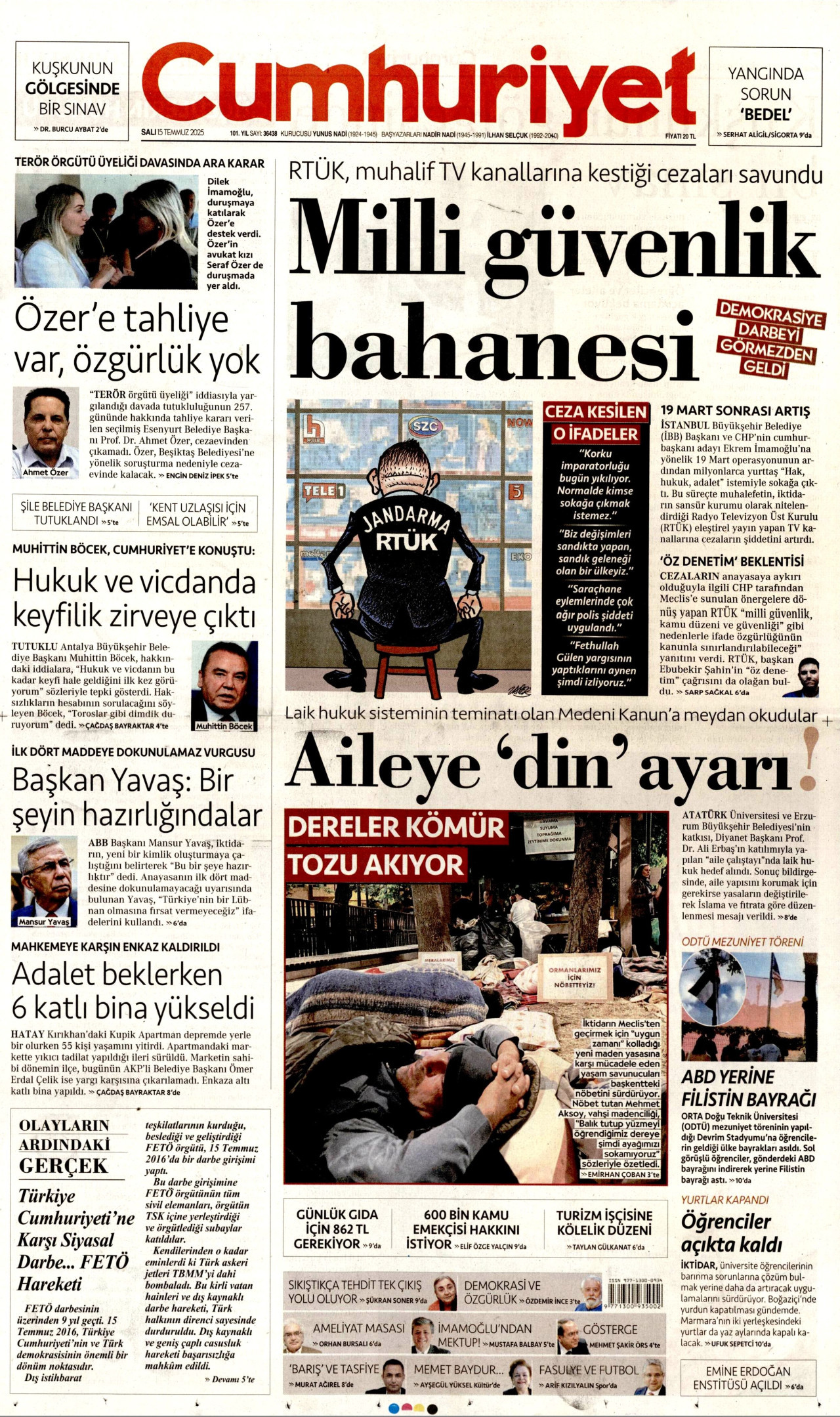 CUMHURİYET gazetesinin 15 Temmuz 2025 tarihli birinci sayfası